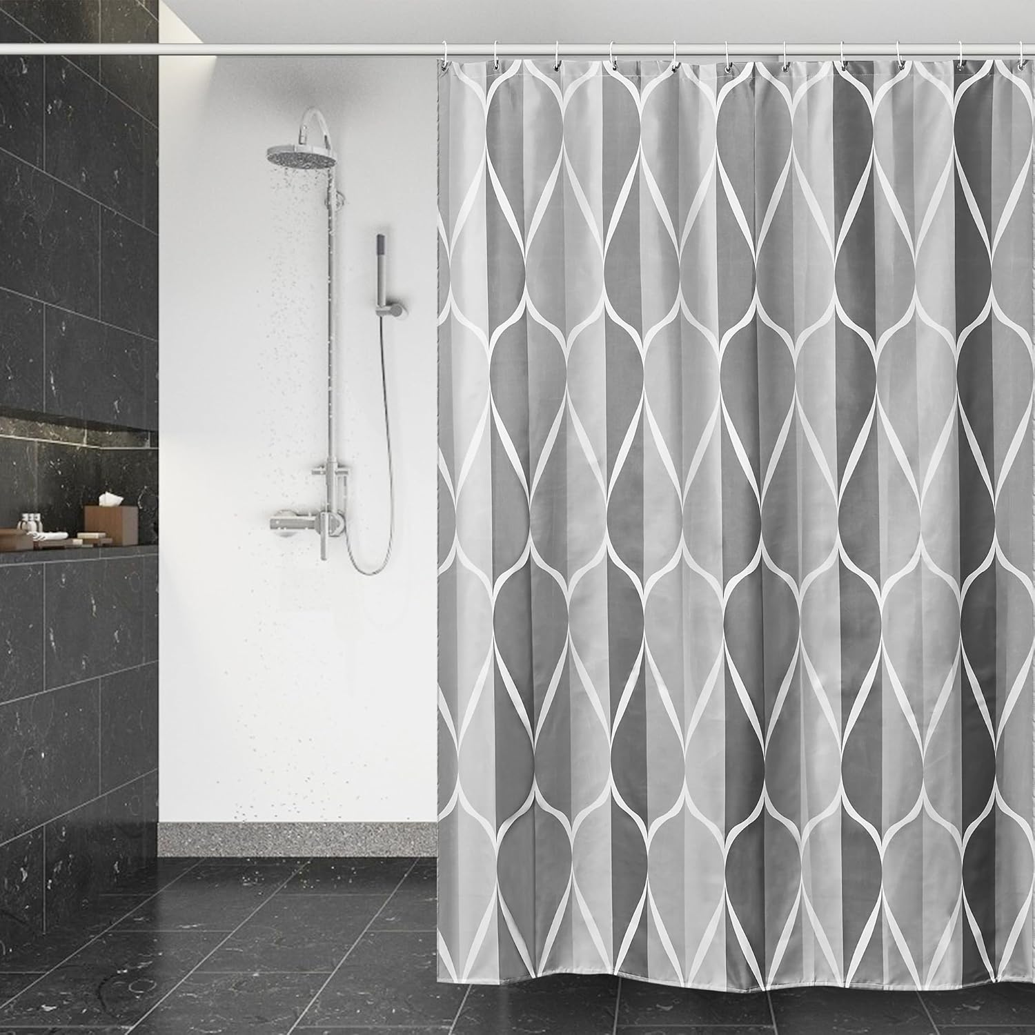 Duschvorhang, Wasserdichtes Polyester, Schnelltrocknend, 180 X 200 Cm, Wellengrau, Badezimmer