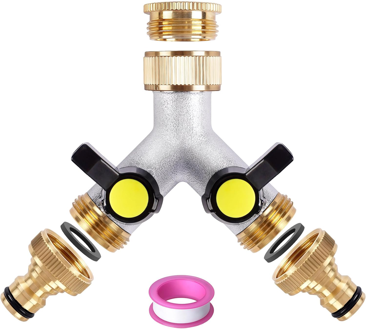 Dreiwege-wasserverteiler Aus Messing Für 3/4"-wasserhähne Mit Zwei 1/2"-anschlüssen Für Haus, Garten, Waschmaschine Und Gartenschläuche. Messing, Goldfarben, 2-in-1-anschluss.
