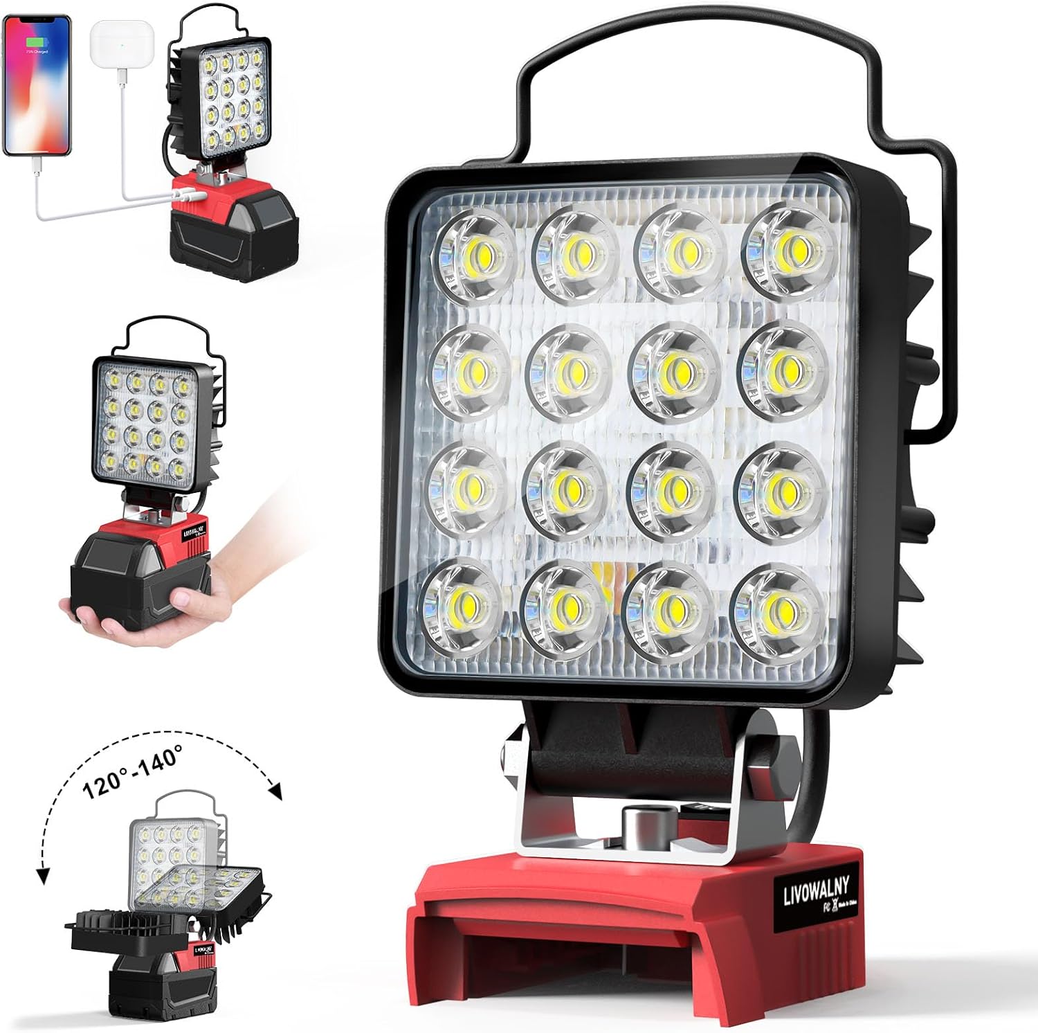 X 48-w-led-flutlicht, Milwaukee-kompatibel, 18 V, Doppelschalter, Usb-typ-c-anschluss, Baustellenbeleuchtung