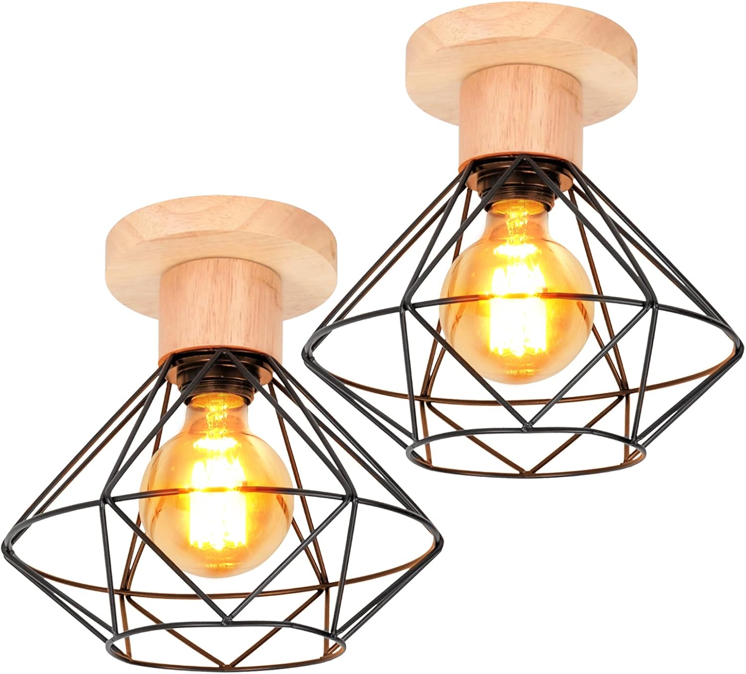 2er-pack Metall-holz-diamant-pendelleuchte E27 Im Retro-industrie-stil Für Wohnzimmer, Küche, Schlafzimmer
