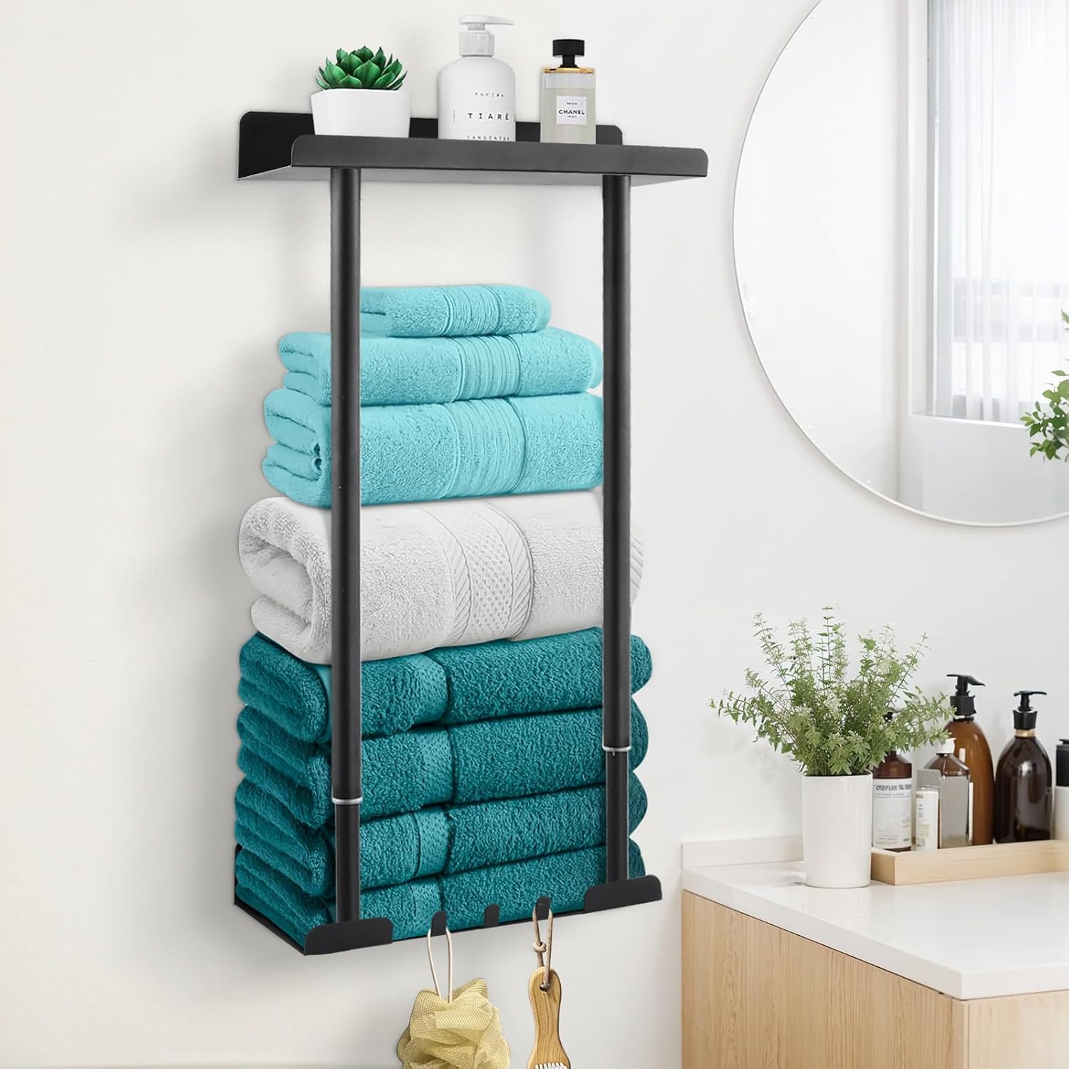 Verstellbarer, Wandmontierter Handtuchhalter (38–75 Cm) Mit Ablage Und 3 Selbstklebenden Haken Für Das Badezimmer