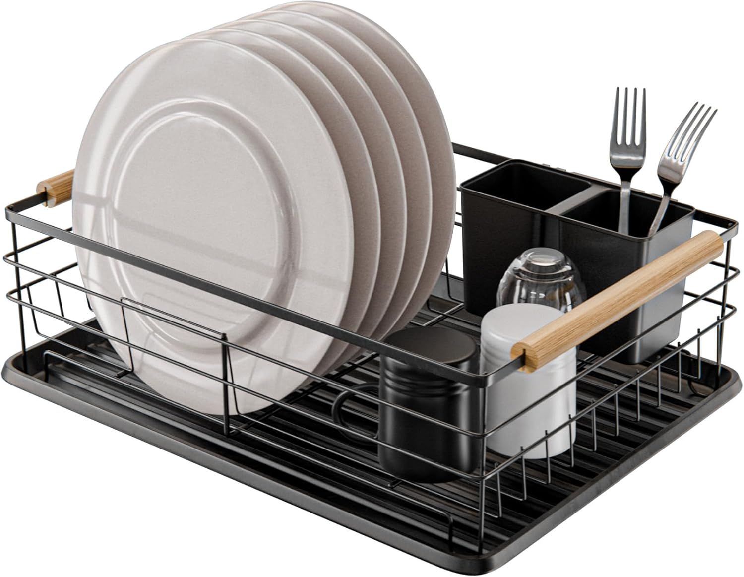 Abtropfgestell Aus Stahl, Holzgriff, Tropfschale, Besteckhalter, Küchenutensil