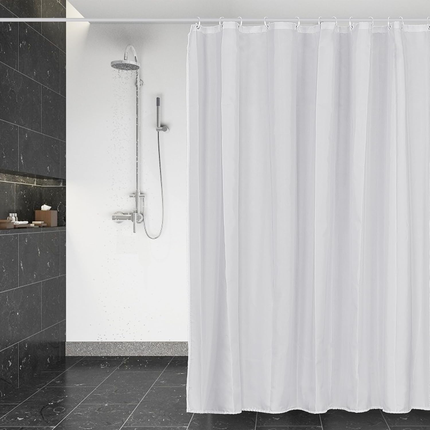 Duschvorhang 180x200cm, Wasserdicht, Schnelltrocknend, Aus Polyester, Weiß, Mit 12 Haken Für Das Badezimmer
