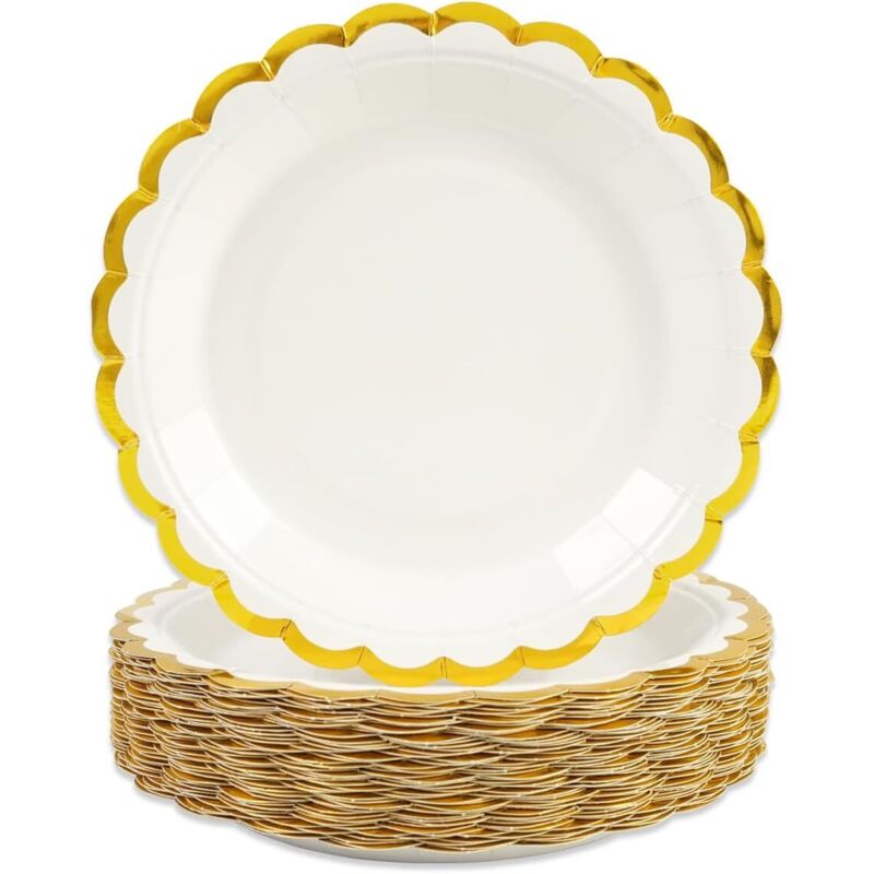 50 Einwegteller, Gewellter Rand, Gold-weiß, Lebensmittelechter Karton, 18 Cm, Geburtstag, Hochzeit