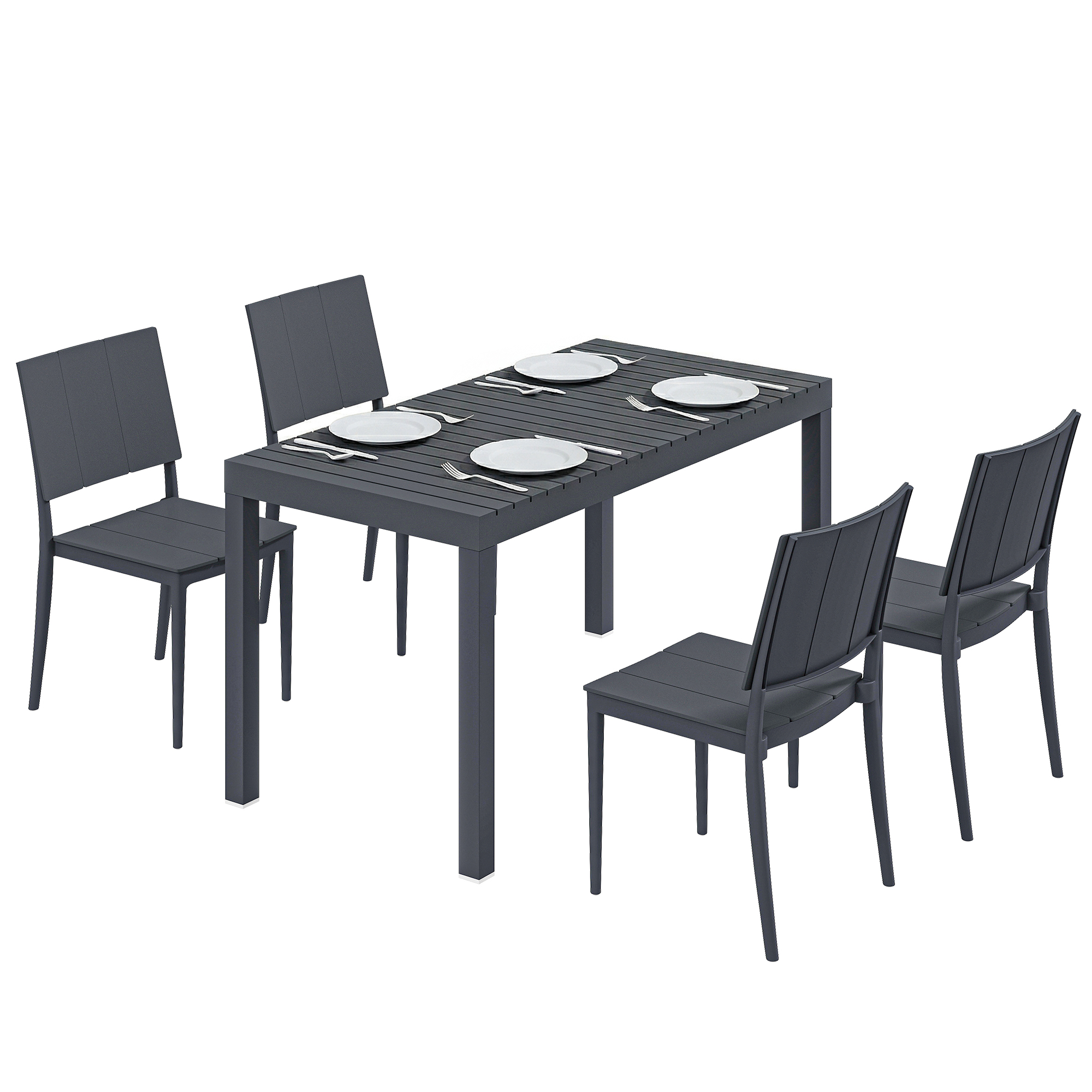 5-teiliges Garten-set: Großer Tisch Mit 4 Stapelbaren Lattenstühlen Für 4 Personen, Anthrazitgrau