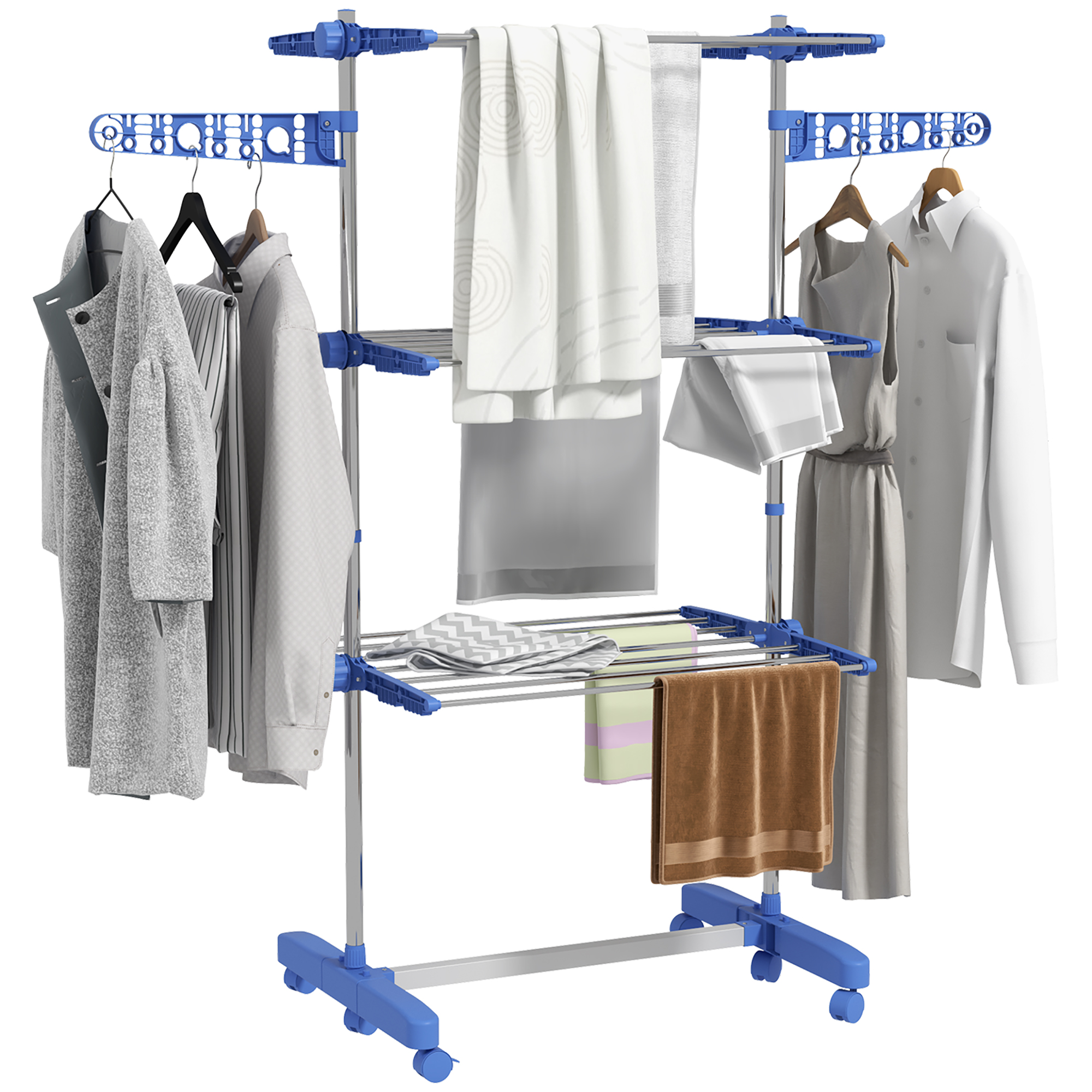 Dreistöckiger, Klappbarer Wäscheständer Mit Seitlichen Auszügen, Für Den Innen- Und Außenbereich, Maße 142 X 55 X 152 Cm, Blau