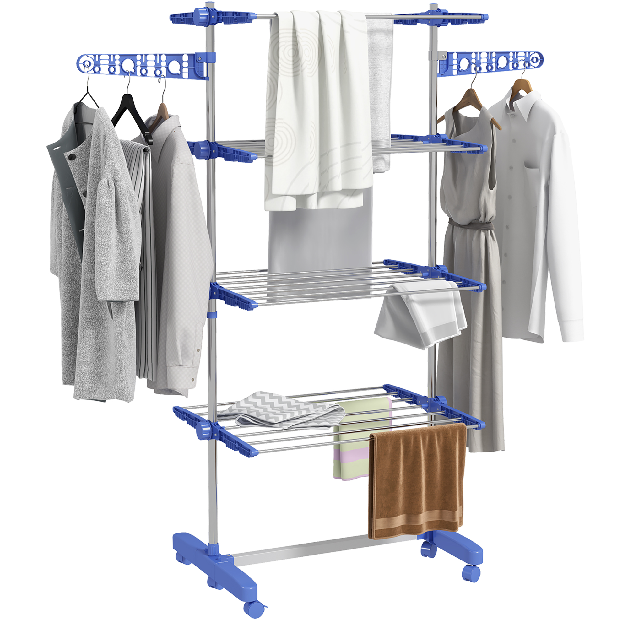 5-stöckiger, Klappbarer Wäscheständer, Ein-klick-system, 142 X 55 X 172 Cm, Blau Und Silber