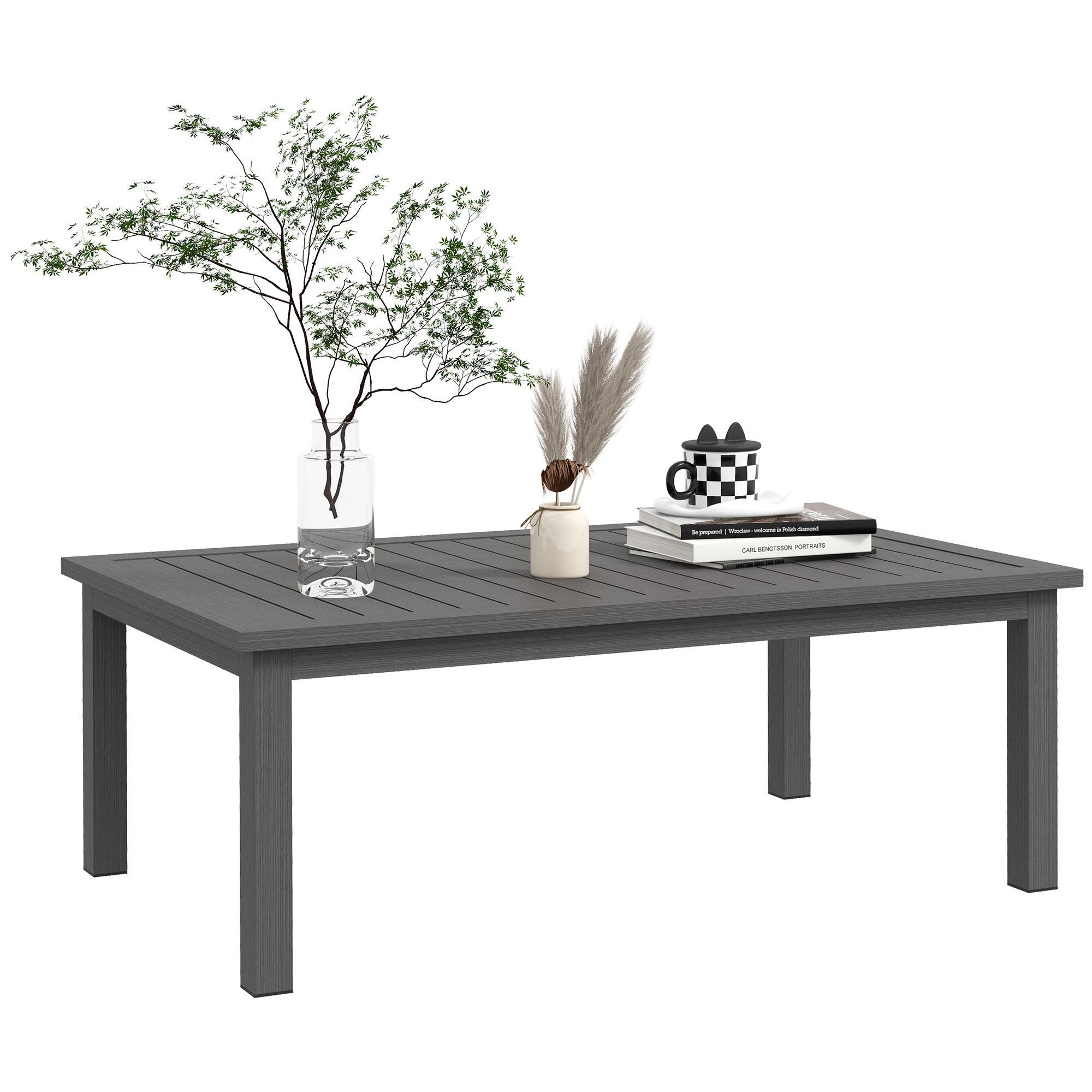 Rechteckiger Couchtisch Aus Aluminium Mit Lattenrost, 100 X 60 X 37 Cm, Geeignet Für Den Innen- Und Außenbereich, Braun