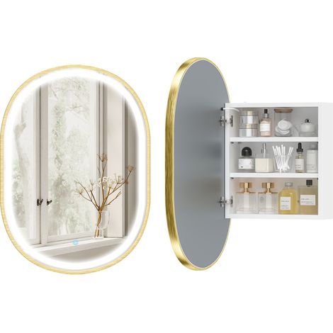 Badezimmerschrank Mit Ovalem Spiegel Und Led-beleuchtung, Beschlagfreier Tür, Maße 50 X 14,5 X 70 Cm, Goldfarben