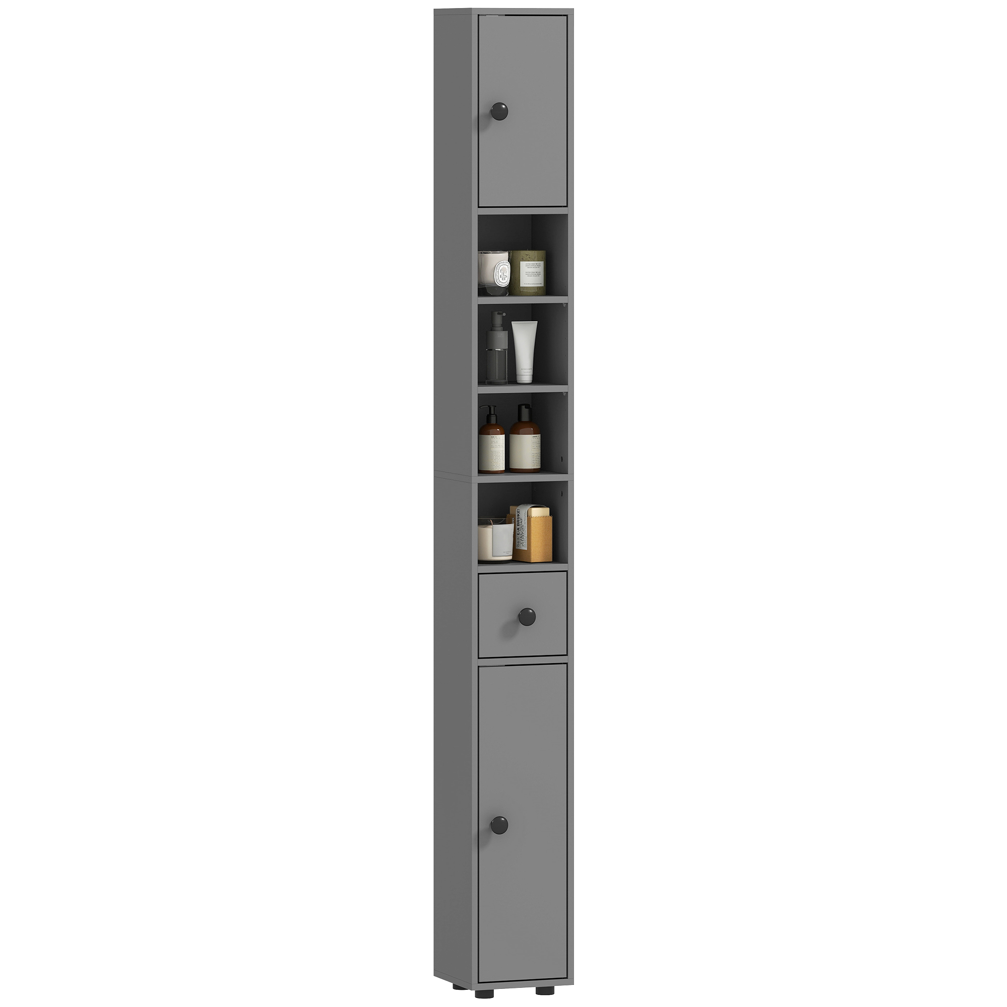 Badezimmerschrank, 4 Einlegeböden, Schublade, Schlankes Design, Grau, Spanplatte