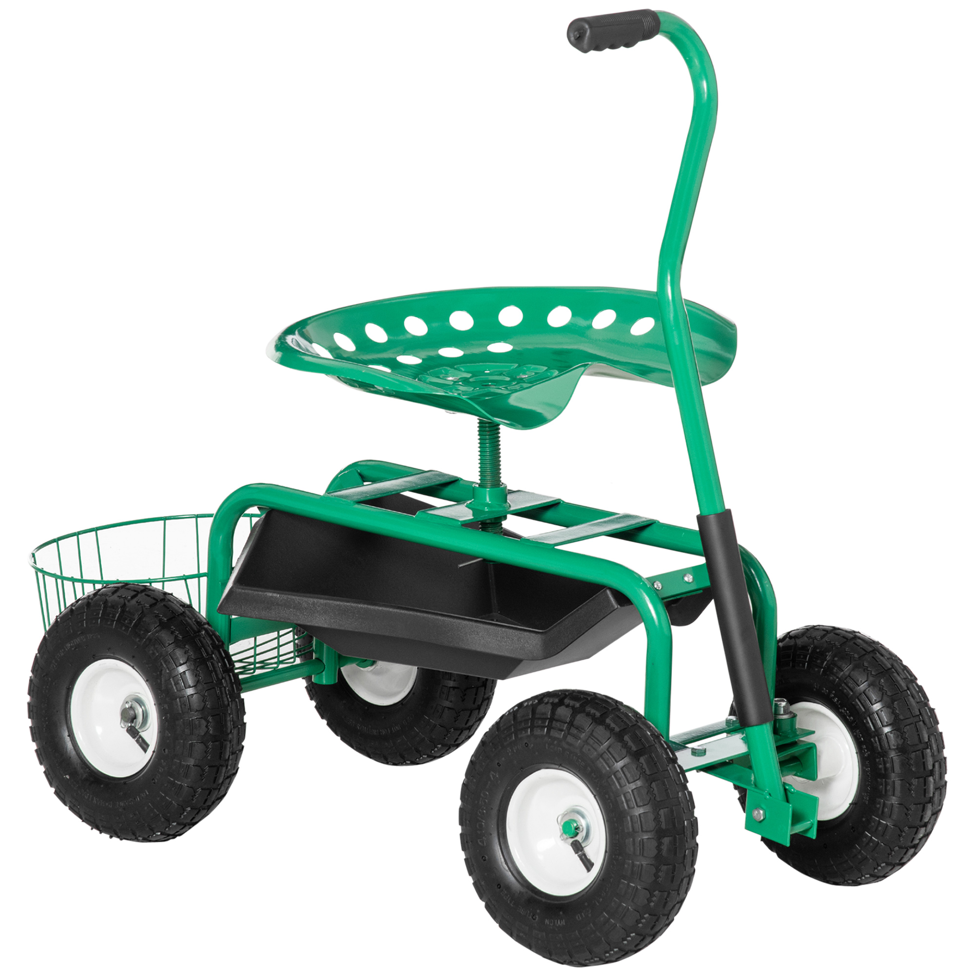 Outsunny 360° Drehbarer Gartenhocker Mit Tablett, Rollen Und Griff, Höhenverstellbar, Belastbar Bis 150 Kg, Grüner Bezug, Für Gartenarbeit Und Andere Arbeiten Im Freien