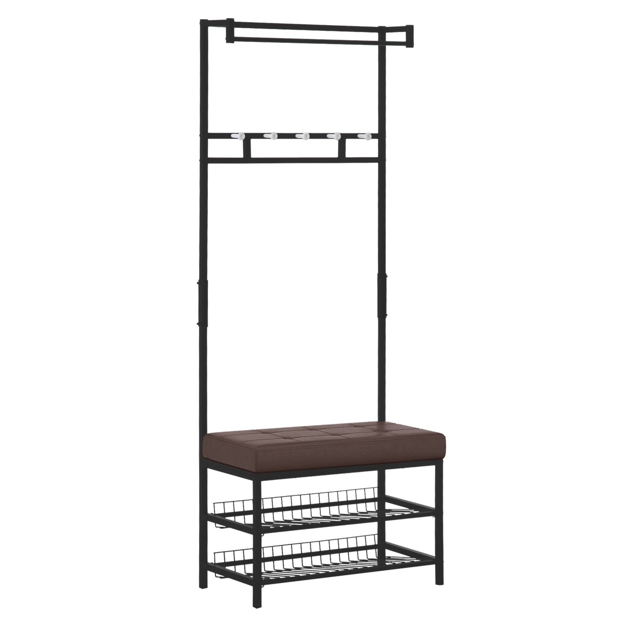 Homcom Kleiderständer Mit 5 Haken Und 2-stufiger Schuhbank, Metallaufbewahrung Für Eingangsbereich Oder Schlafzimmer, 72,5 X 35 X 180 Cm