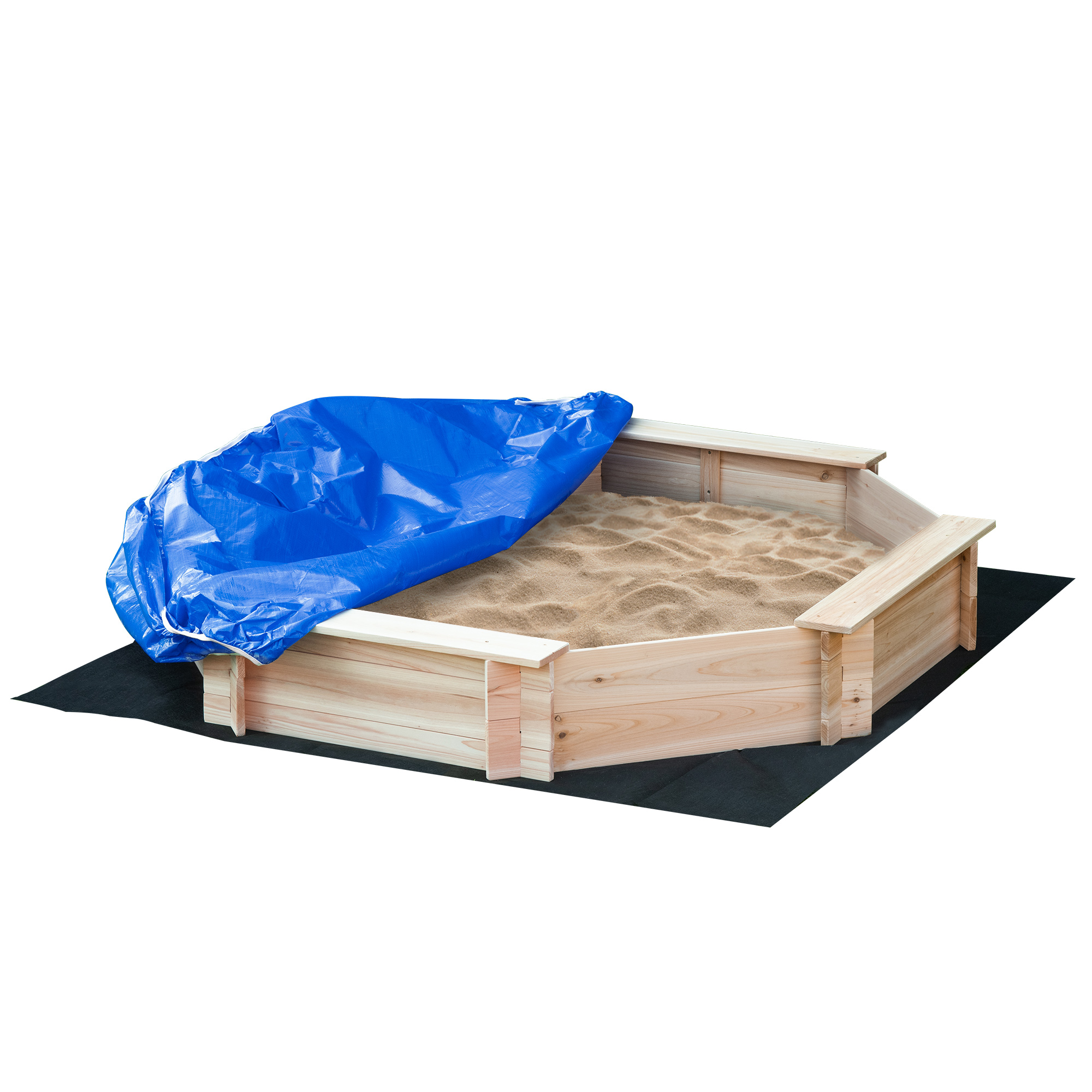 Achteckiger Sandkasten Aus Holz Mit Integrierten Bänken Und Schutzabdeckung – 139,5 X 139,5 X 21,5 Cm
