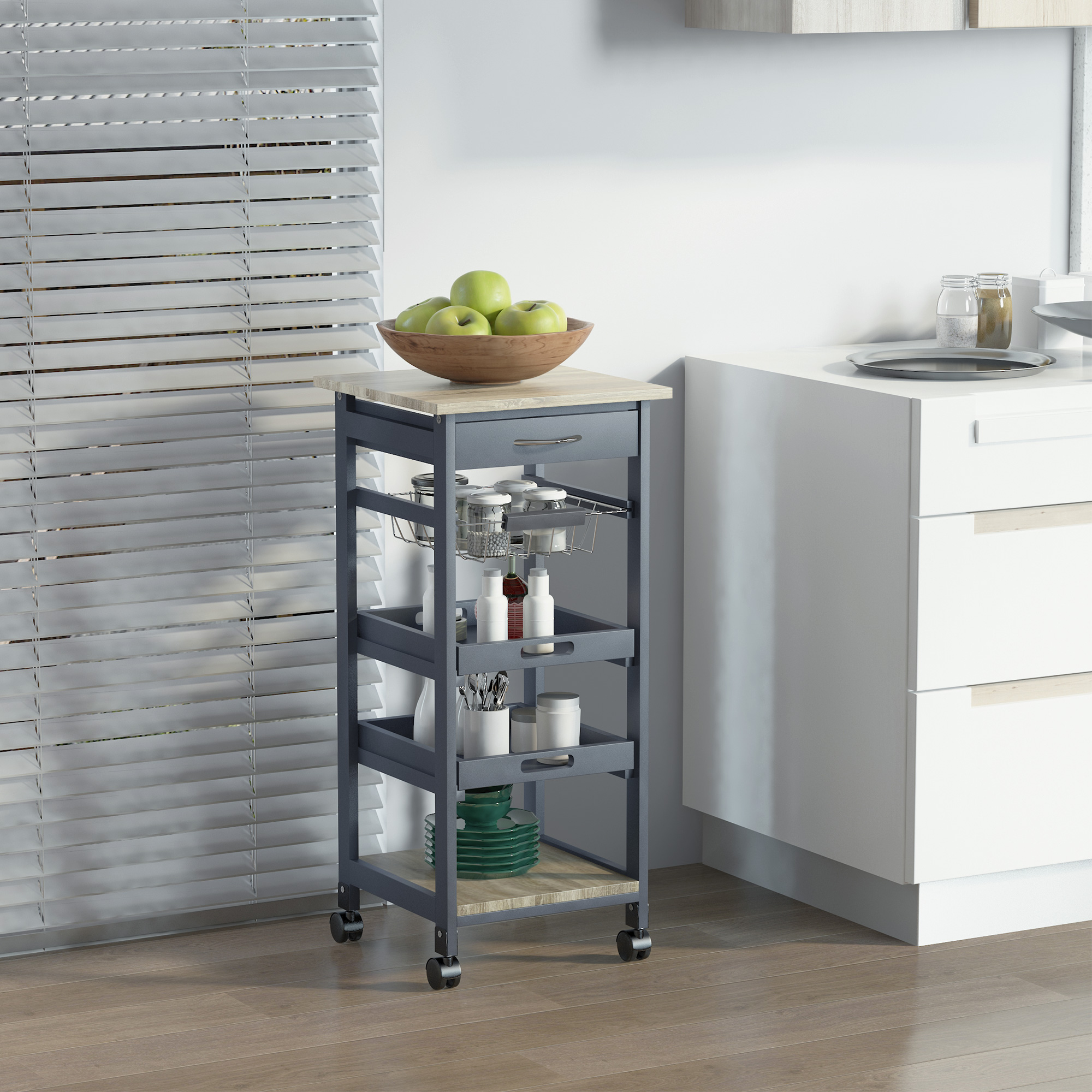 Servierwagen Aus Hellem Eichenholz Mit 2 Herausnehmbaren Tabletts, Schublade Und Ablage, Ideal Für Küche Und Esszimmer.
