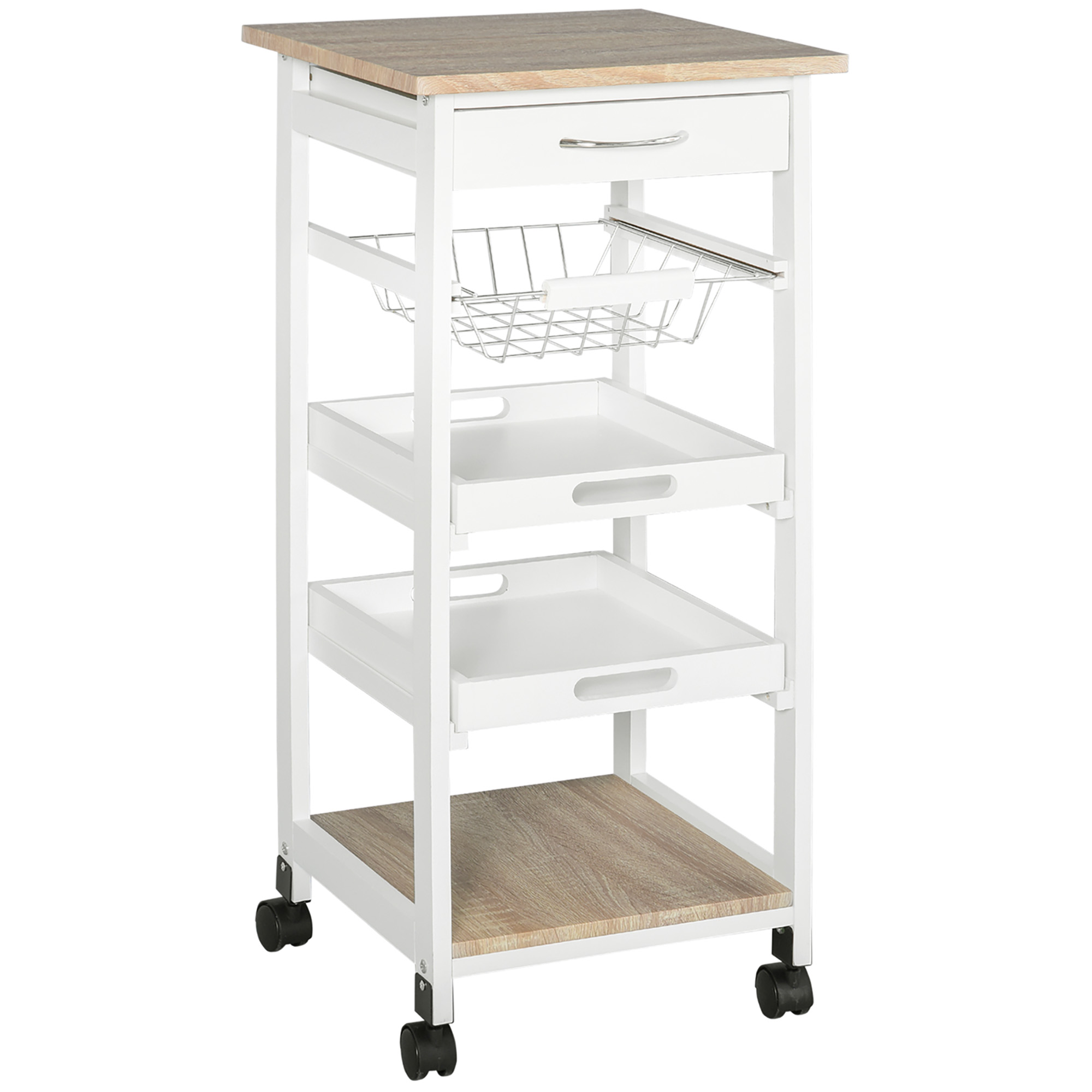 Homcom Rollwagen Mit 2 Herausnehmbaren Tabletts, Schublade Und Mdf-ablage, Helles Kiefernholz-design