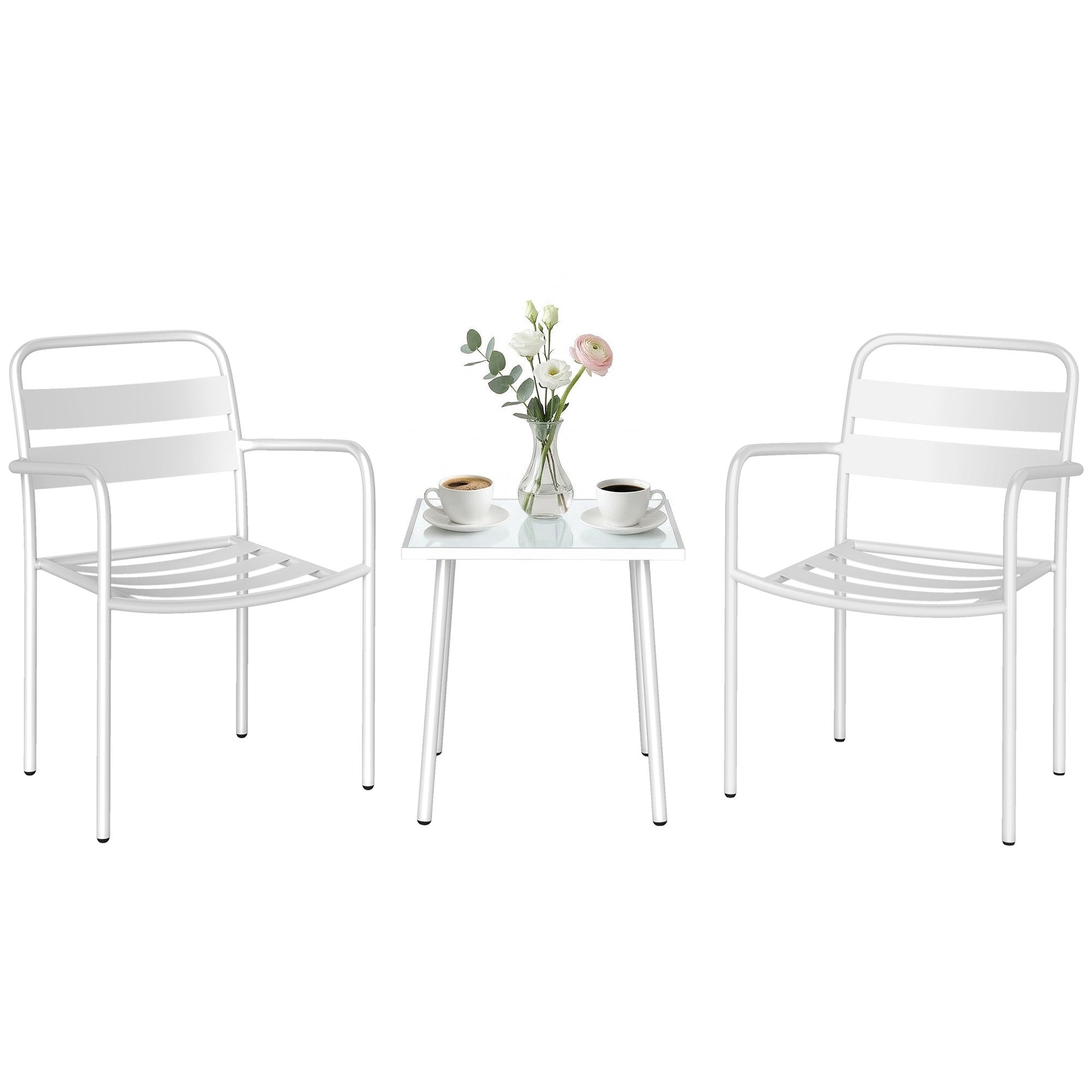 3-teiliges Bistro-set Aus Rostfreiem Metall Mit 2 Stühlen Und Einem Glastisch, Latten-design Für Den Garten