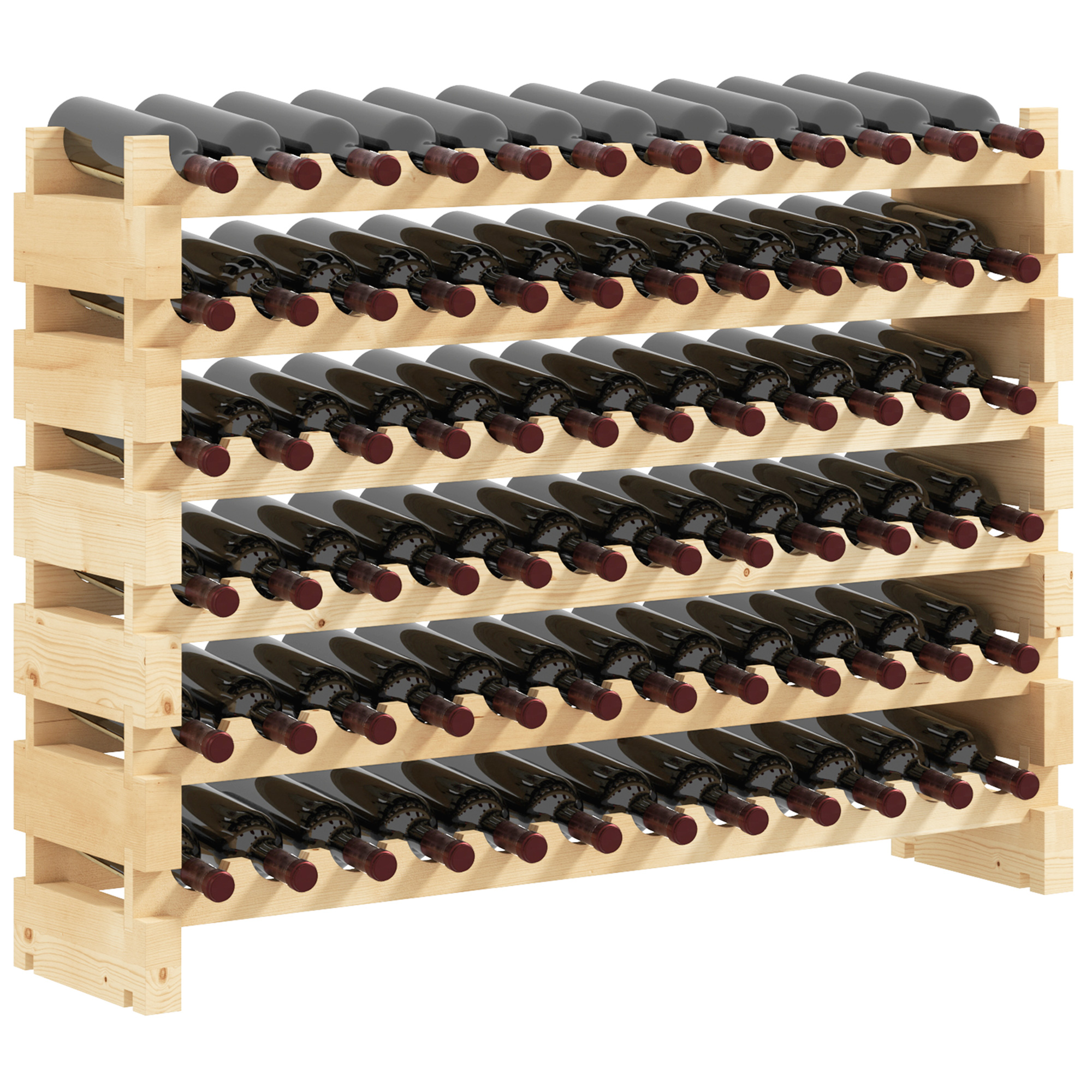 Homcom Weinregal Für 72 Flaschen, 6-stufiges Modulares Regalsystem Aus Massivem Tannenholz, Ideal Für Keller, Bar Oder Keller, Stapelbar, 114 X 28 X 85 Cm, Naturfinish