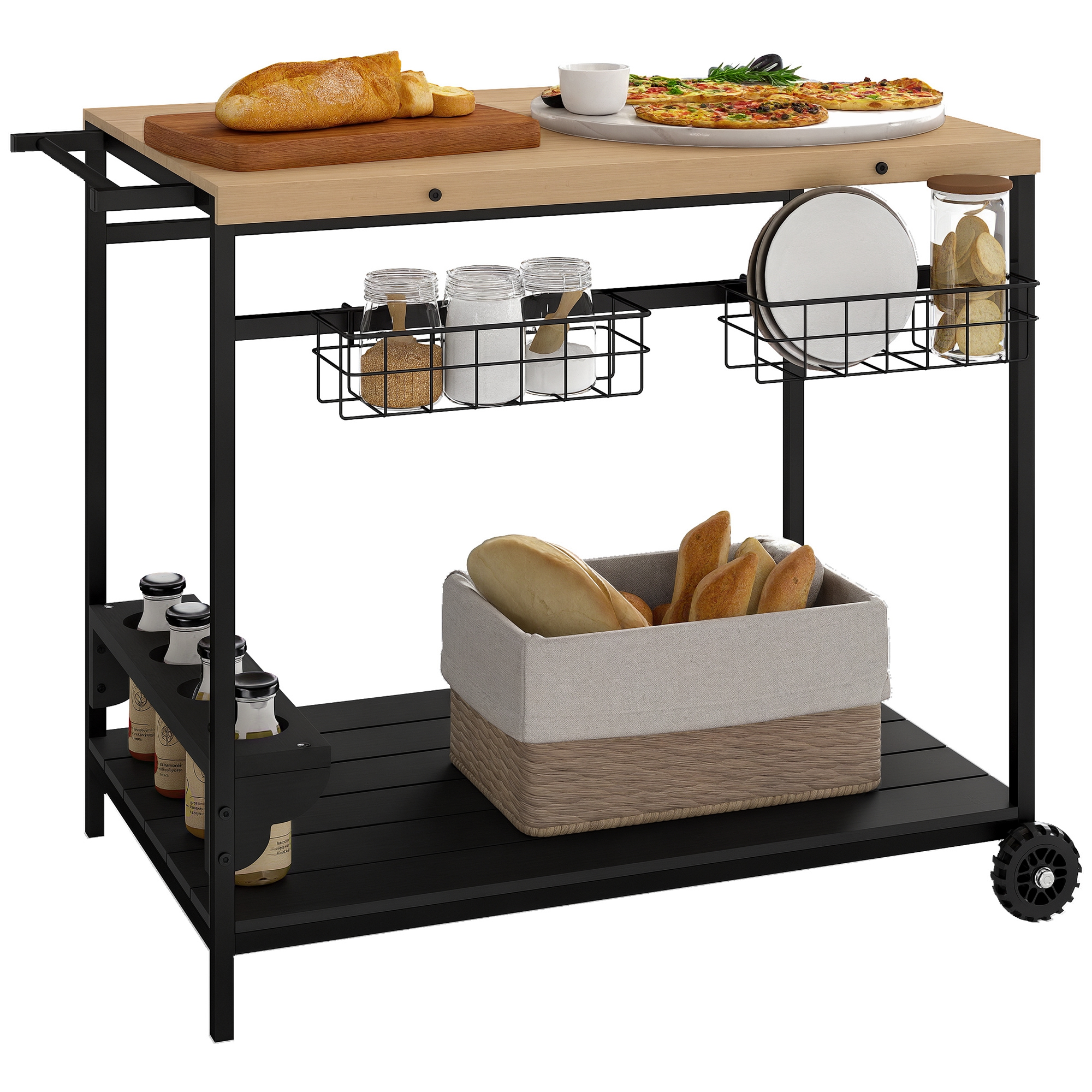 Servierwagen Aus Metall Und Holz Für Plancha-grill, Mit 2 Tabletts, 2 Körben Und Flaschenhaltern