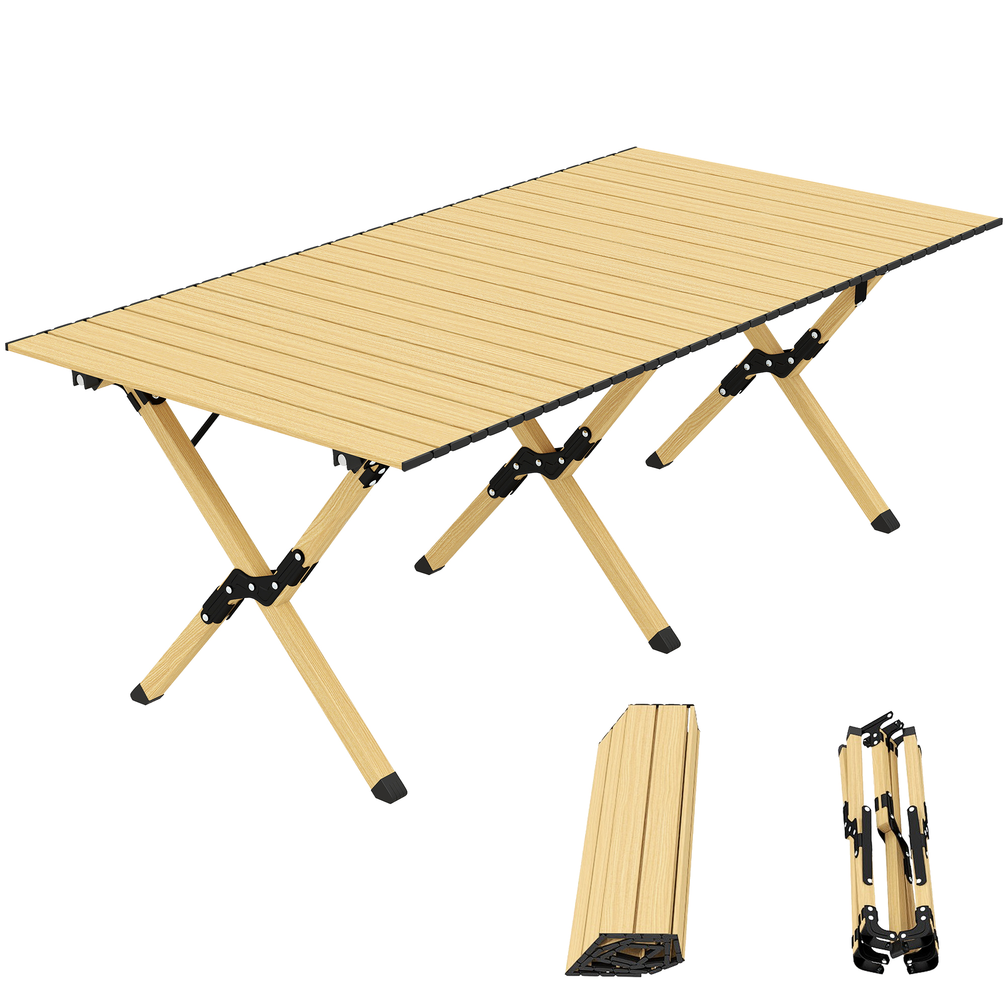 Klappbarer Aluminiumtisch 117 X 60 Cm Mit Ausrollbarer Tischplatte In Holzoptik Und Wasserdichter Tragetasche