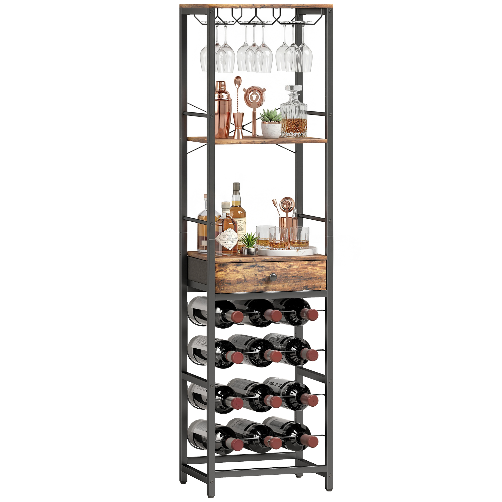 Weinregal Für 12 Flaschen Mit Ablage Und Schublade, Rustikaler Weinkellerschrank 40x30x148cm