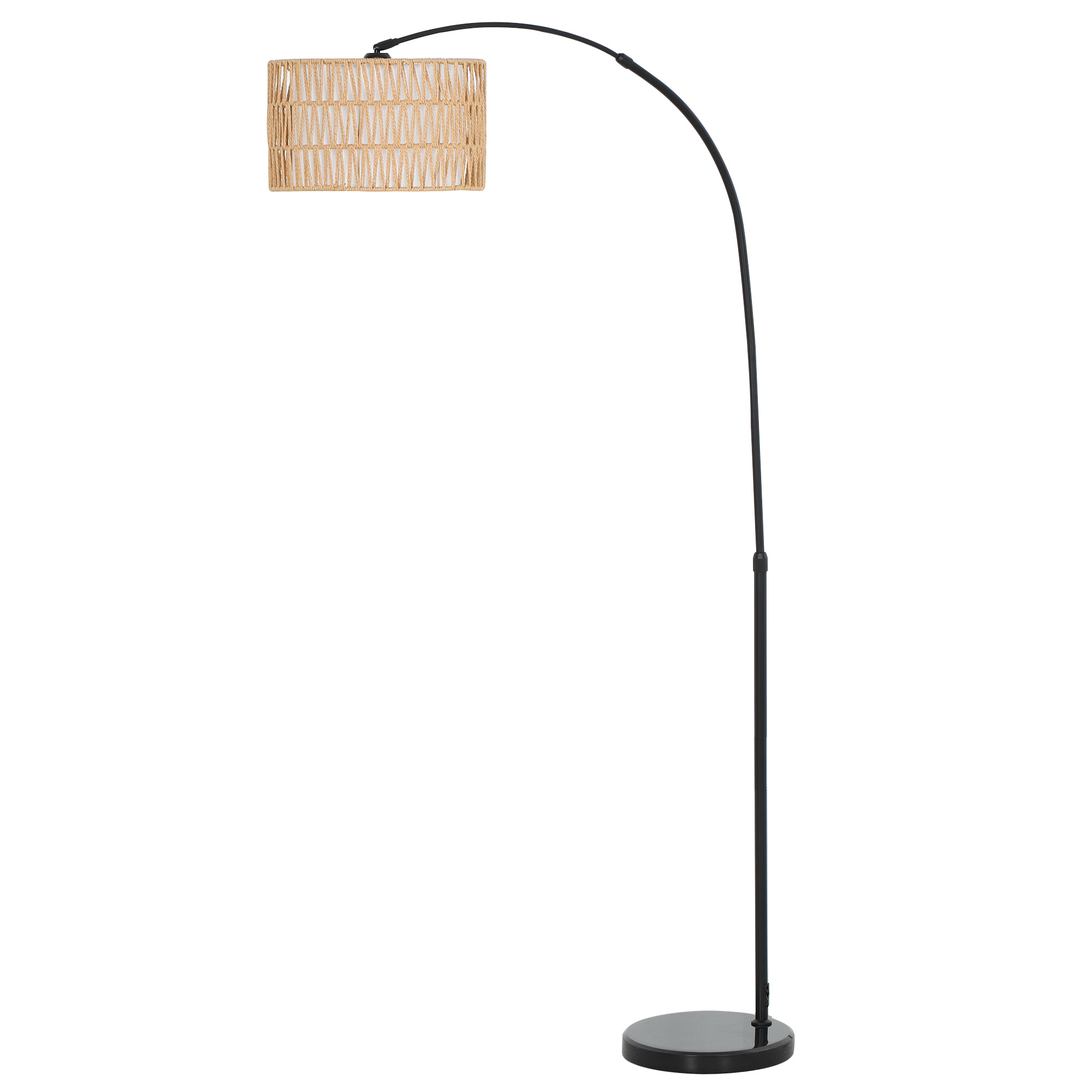 Höhenverstellbare Stehlampe Mit Schirm Aus Hanfseil, Fußschalter, Metall, Schwarz