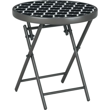 Klappbarer Beistelltisch Mit Schwarz-weißer Tischplatte Aus Gehärtetem Glas, Metalldesign, Durchmesser 45 Cm, Höhe 50 Cm, Klappfunktion Für Modularen Raum.