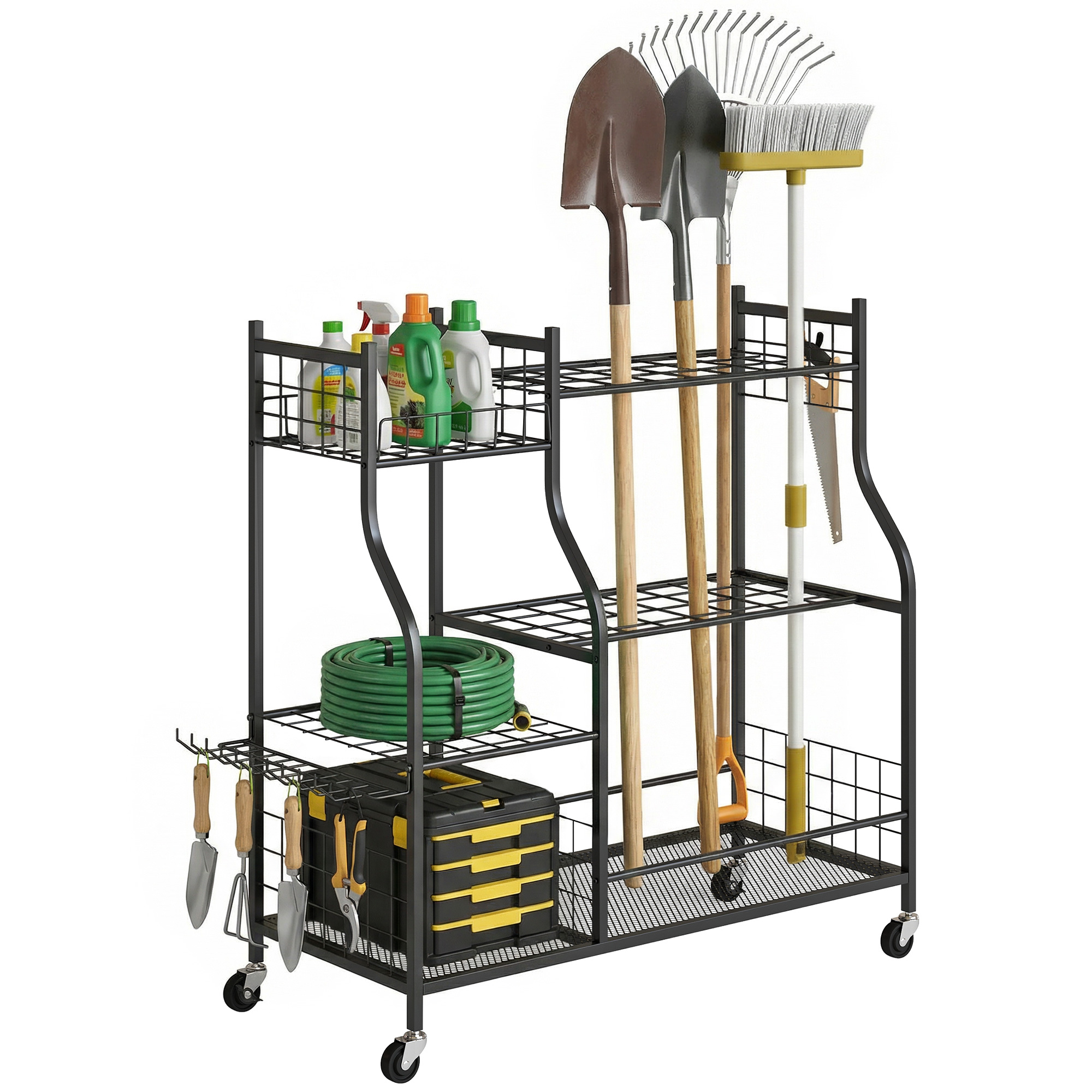Dreistöckiger Gartenorganizer Aus Stahl Mit Rollen, 32 Fächern Und Haken, Maße 104 X 40 X 95 Cm, Schwarz