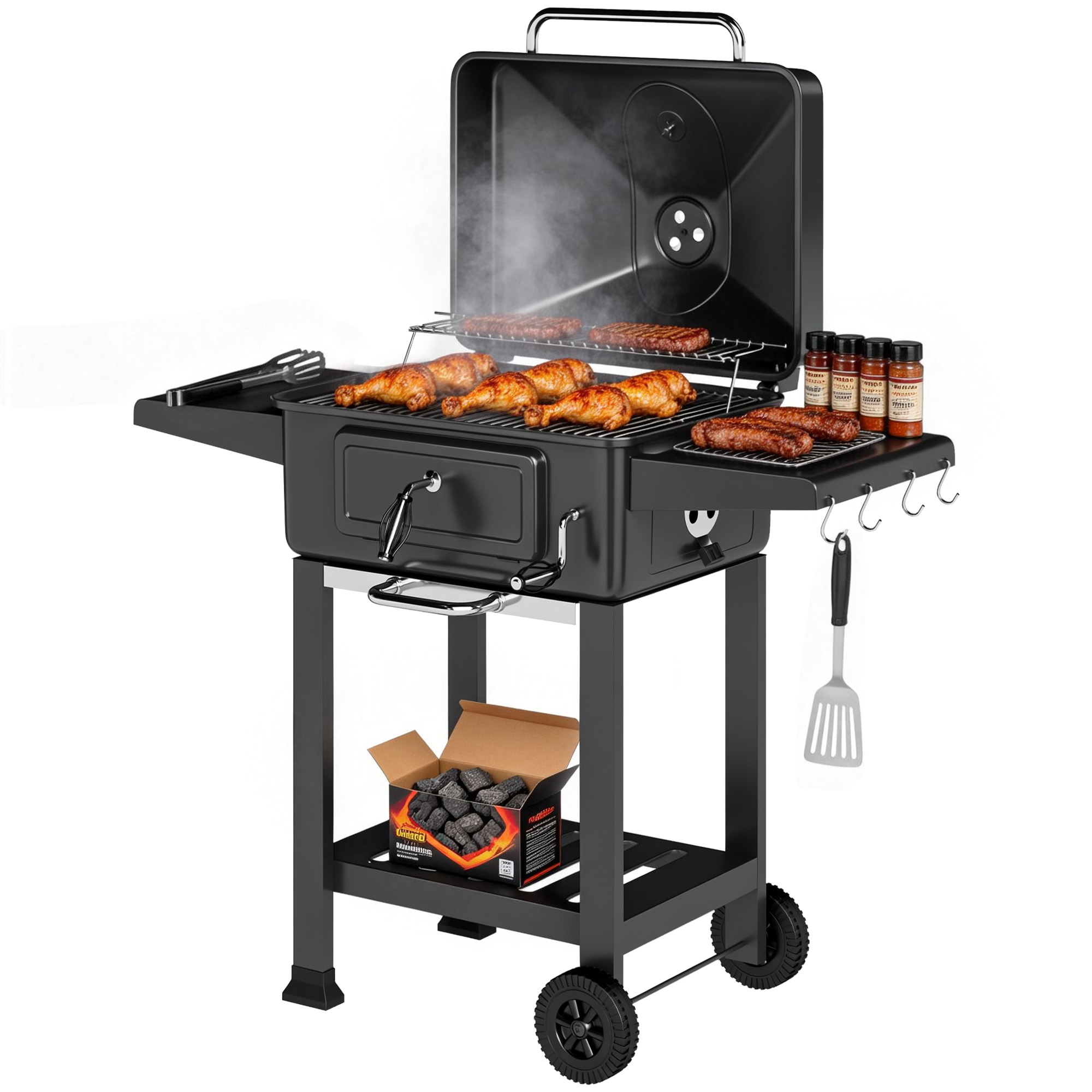Gartengrill Auf Stahlwagen Mit Xxl-deckel Und Herausnehmbarer Kohleschale, 112 Cm, Schwarz