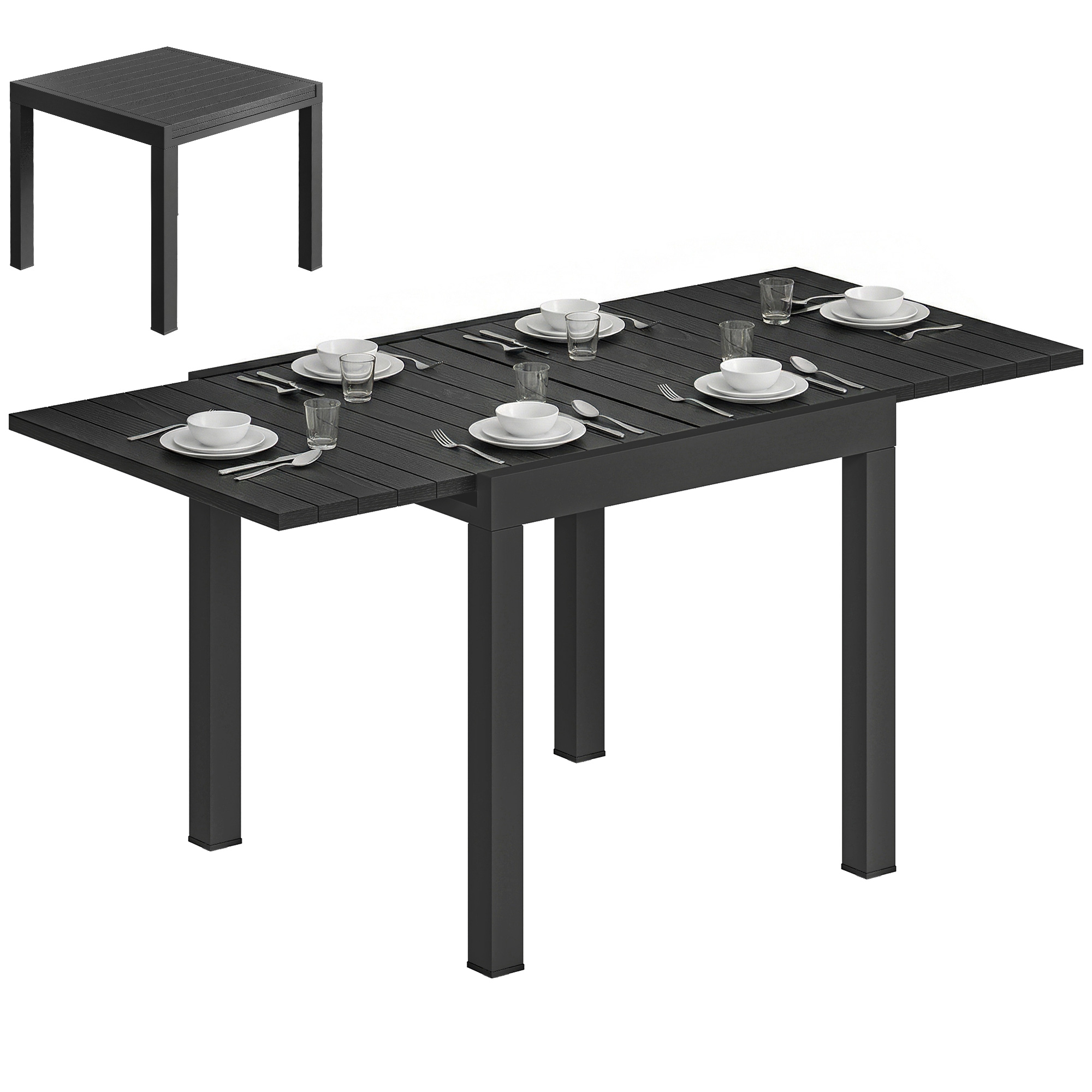 Ausziehbarer Aluminiumtisch In Holzoptik Für 4 Bis 6 Personen, Integrierte Verlängerungsplatte 80–160 X 80 Cm, Farbe: Schwarz