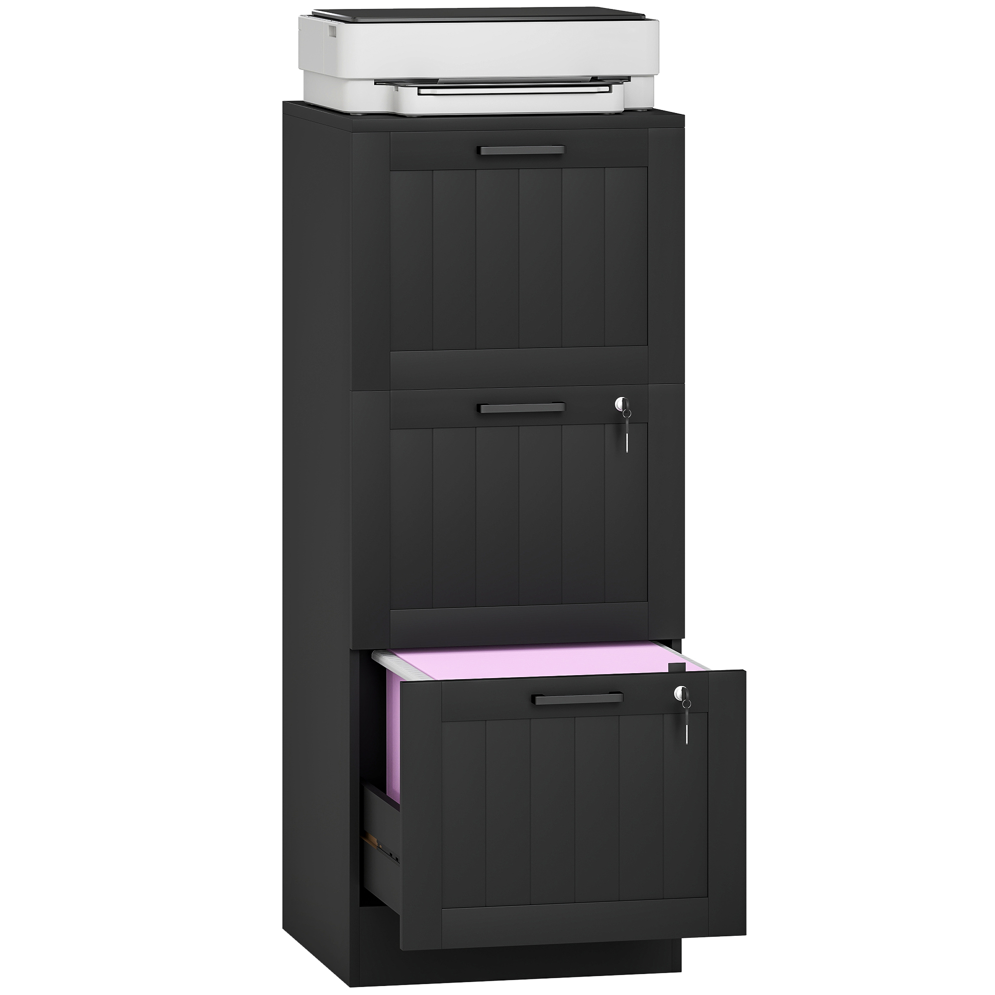 Büroschrank Aus Holz Mit 3 Abschließbaren Schubladen, Verstellbaren Kleiderhaken, Maße 40 X 40 X 101 Cm, Farbe: Schwarz, Praktischer Stauraum
