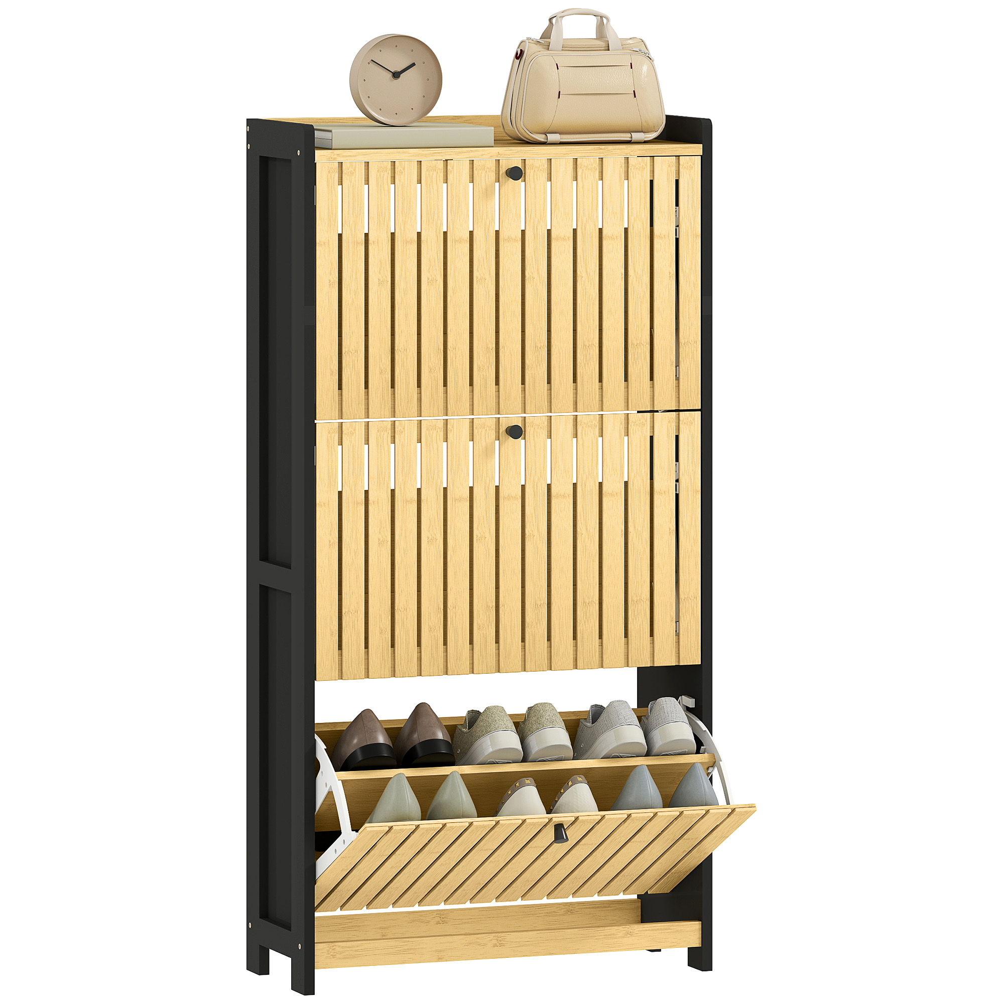 Schuhaufbewahrung Für 18 Paar Schuhe Mit 3 Klappschubladen, Lattenrost Aus Bambus, Maße 60 X 24 X 118 Cm, Farbe: Schwarz Und Naturholz