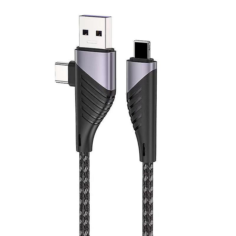 Ein 1,2 M Langes, Dunkelviolettes 3-in-1-winkelladekabel Mit Usb-a- Und Typ-c-anschluss, Kompatibel Mit Apple Pd, 66-w-schnellladung, Geeignet Für Huawei- Und Apple-smartphones