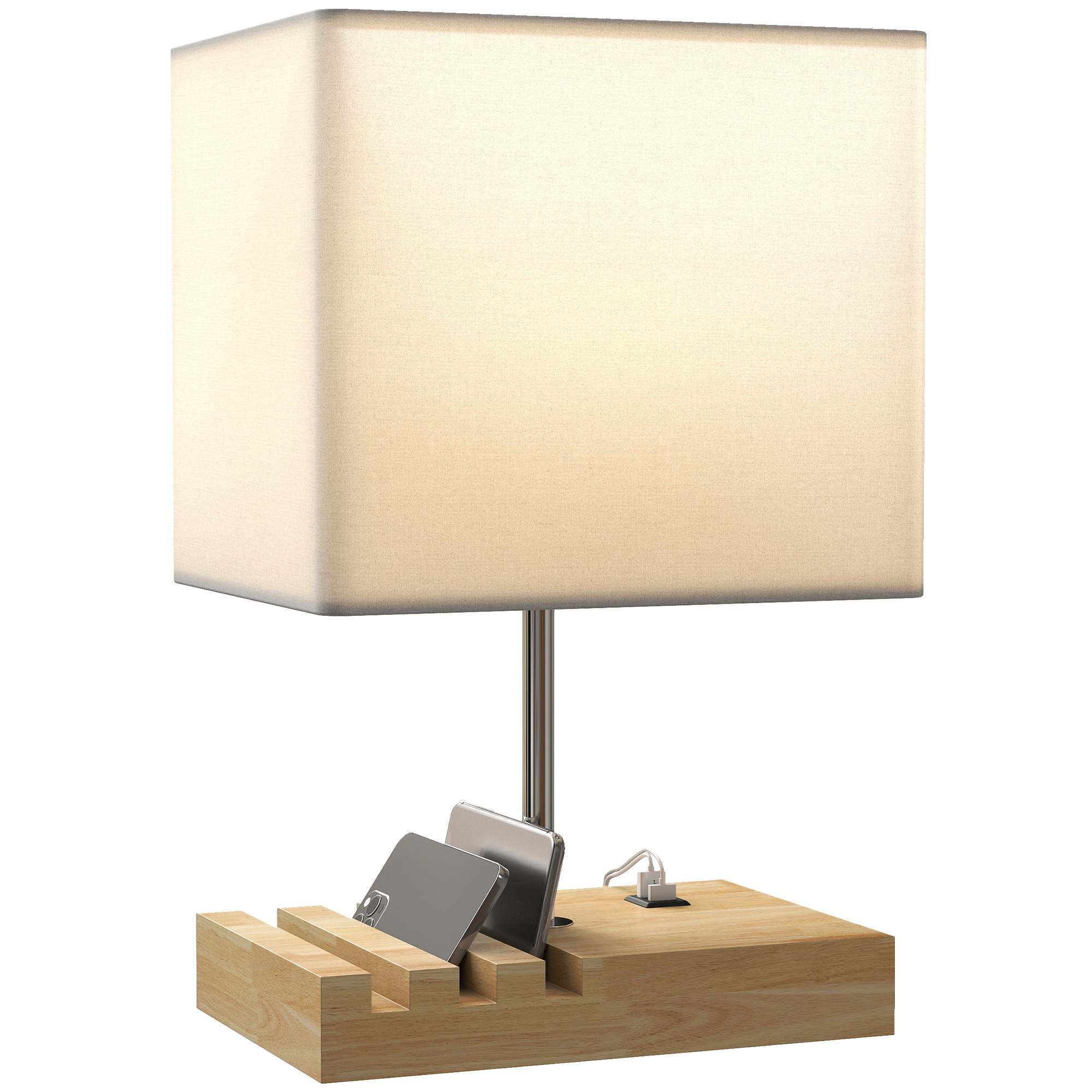 Nachttischlampe Aus Holz Und Stoff Mit Usb-anschlüssen, Kippschalter Und Ablagen, Weiß