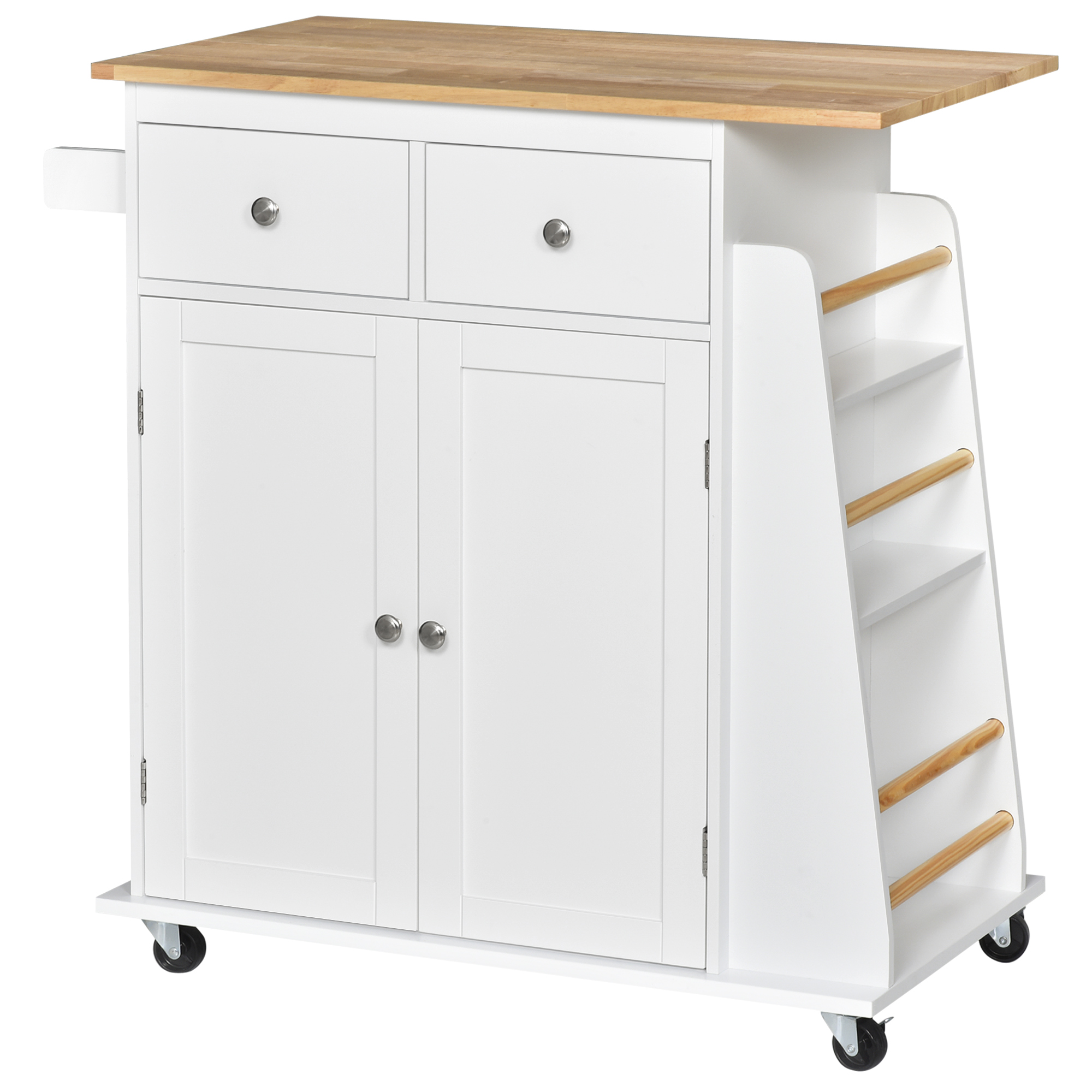 Homcom Küchenwagen Mit Arbeitsplatte, Flaschenablage, 2 Schubladen Und Schrank, Design In Weiß Und Gummibaumholz