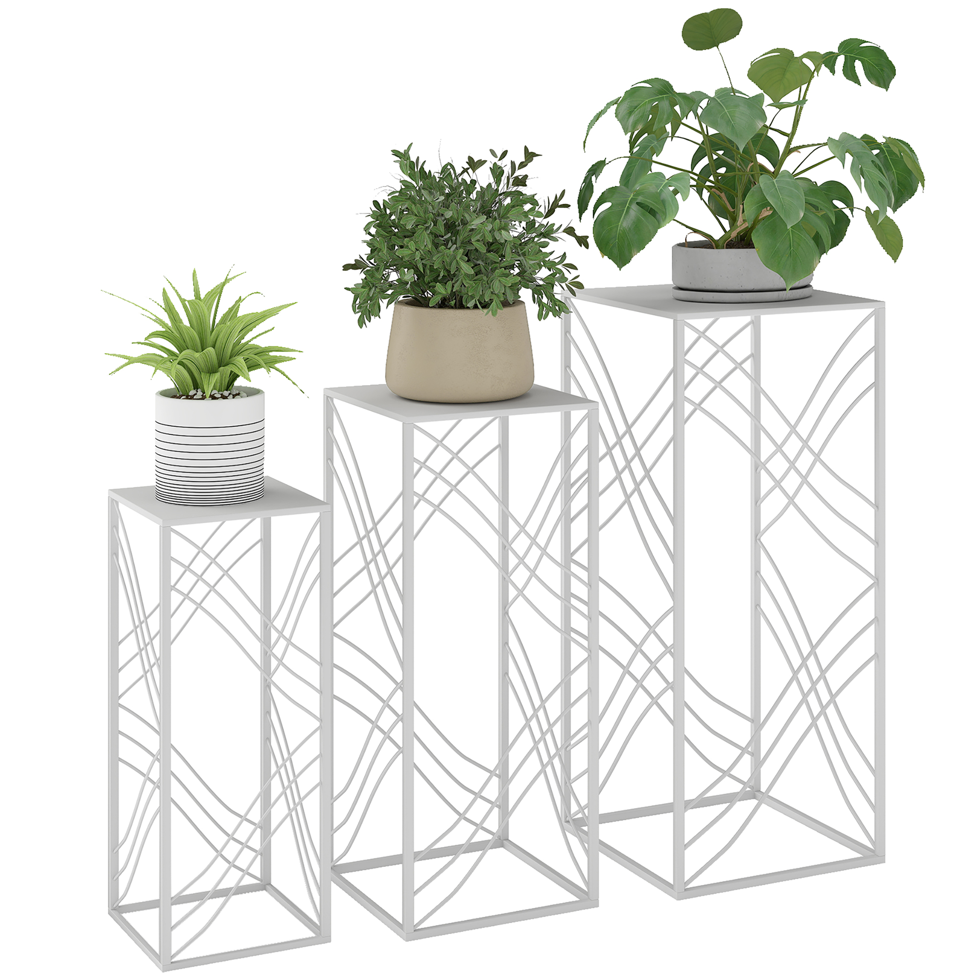Dreistufiges, Stapelbares Pflanzenregal, Weißes Metallgestell 50/60/70 Cm, Für Den Innen- Und Außenbereich