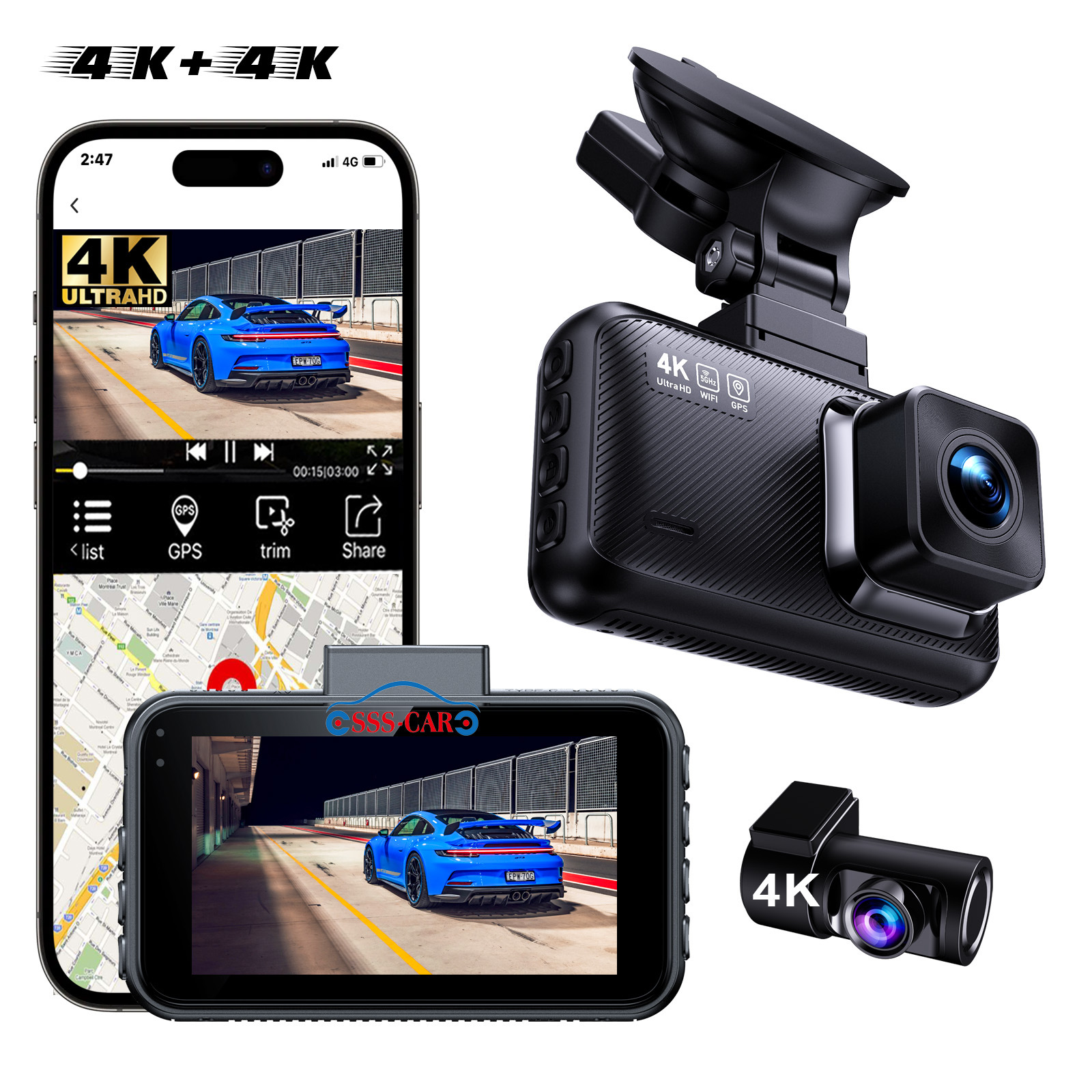 4k+4k Dual Ultra Hd Dashcam – Front- Und Rückkamera Mit Integriertem Wlan Und Smartphone-app – Verbesserte Nachtsicht, 24/7-parküberwachung Und Loop-modus – Weitwinkel-auto-dvr Mit 3-zoll-bildschirm –