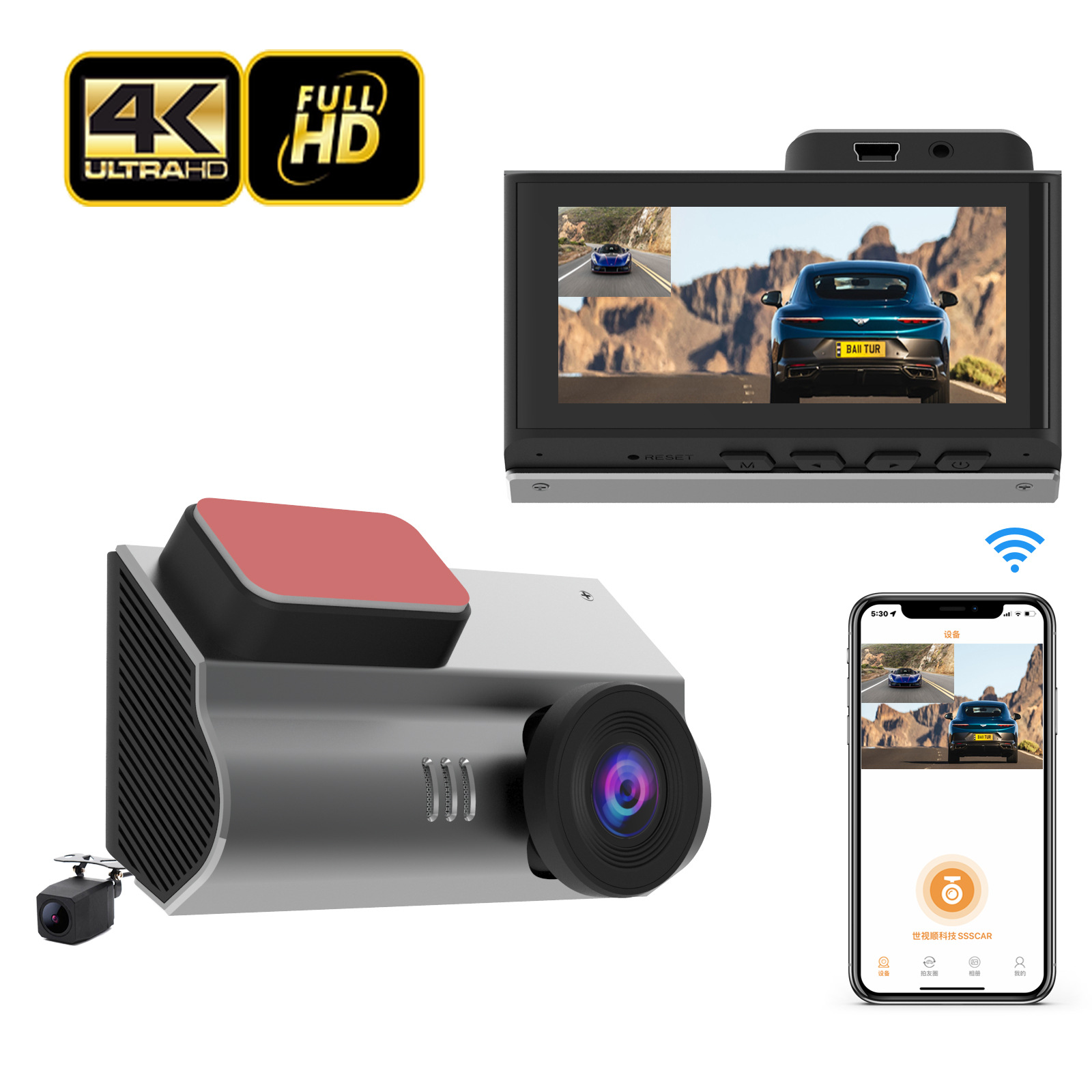 4k+1080p Dual-objektiv-dashcam Mit Wlan – 4k Ultra Hd Frontkamera Und 1080p Full Hd Rückkamera, Verbesserte Nachtsicht, Loop-aufnahme, Parküberwachung Und Smartphone-app – Weitwinkel-auto-dvr – Alovez