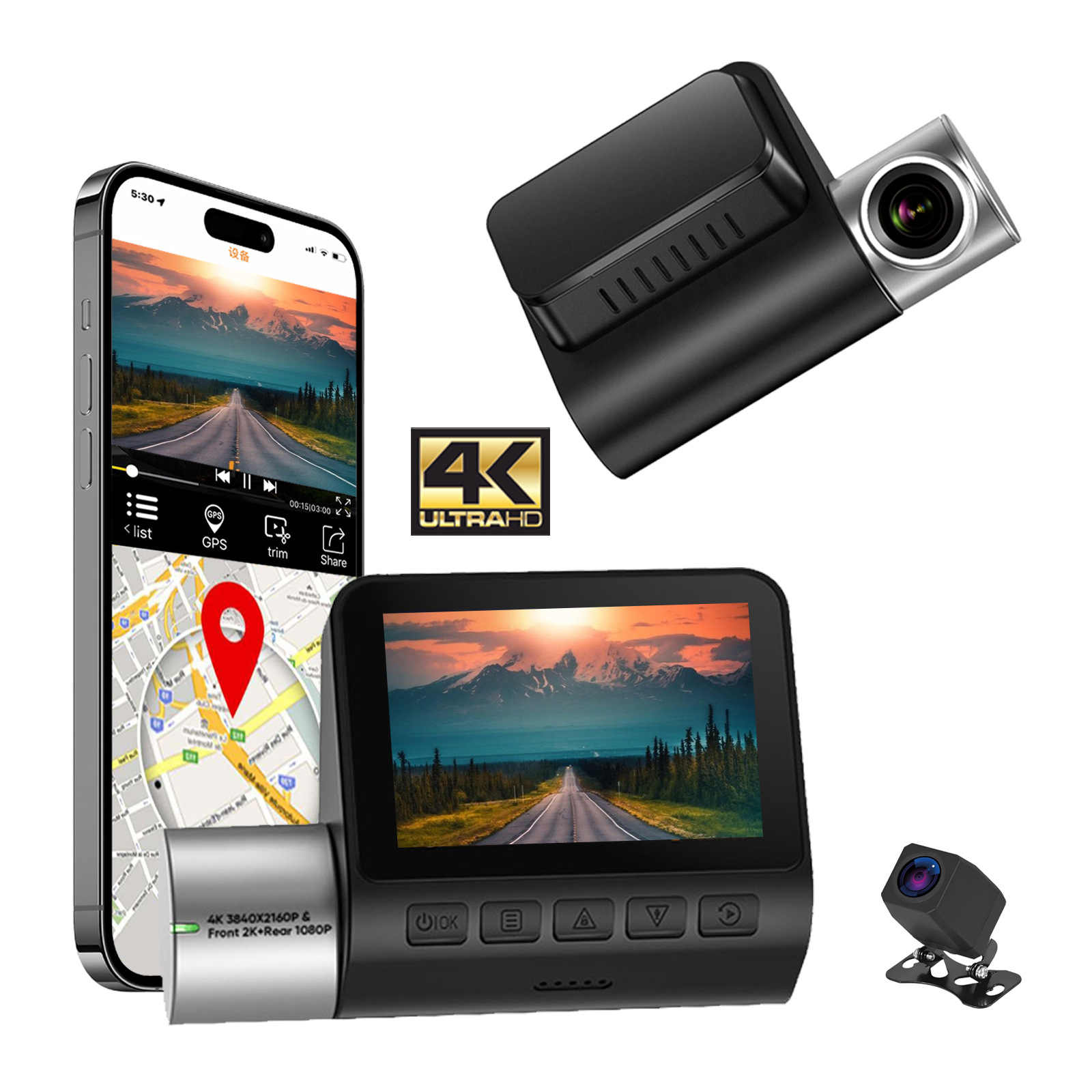 2-zoll-4k-dashcam Mit Dual-objektiv, Wlan Und Gps – 4k Ultra Hd-frontkamera Und 1080p Full Hd-rückkamera, Verbesserte Nachtsicht, Loop-aufnahme, Parküberwachung Und Smartphone-app – Weitwinkel-auto-dv