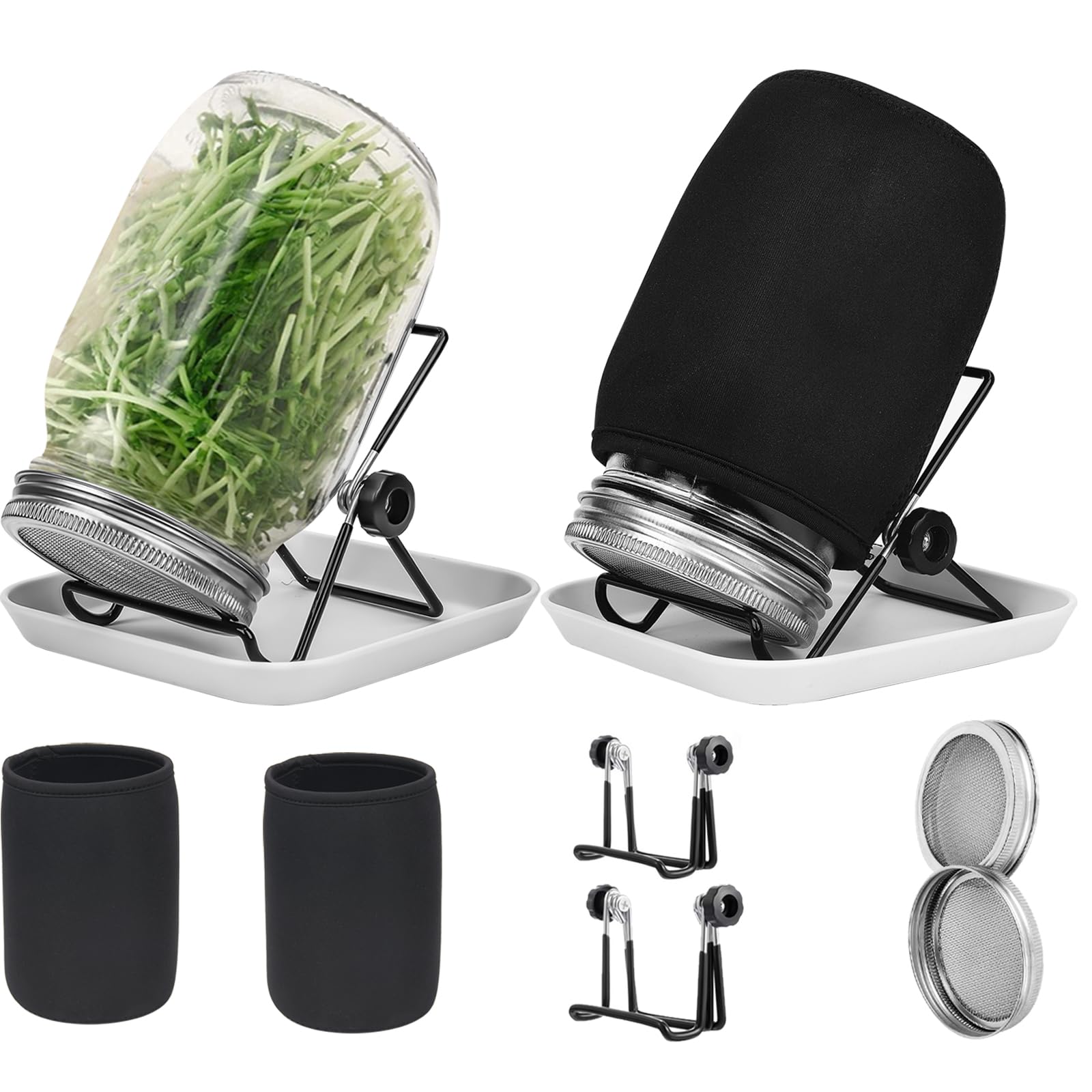 1000 Ml Keimgläser-set, 2 Einmachgläser Mit Breiter Öffnung Und 304 Edelstahl-siebkeimdeckel, 86 Mm Kaliber, Mit Tablett, Ständer, Schattiertuchbeutel Und Dosenbürste