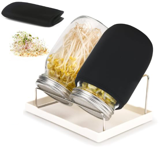 Sprossen Keimglas, 2er Sprouting Jar Glas Mit 2er Filtergitter Abdeckungen Aus Edelstahl, Ständer Und Einmachbürste, Sprossenglas Keimglas Set Für Sprossen Zucht, Keimschale, Microgreens