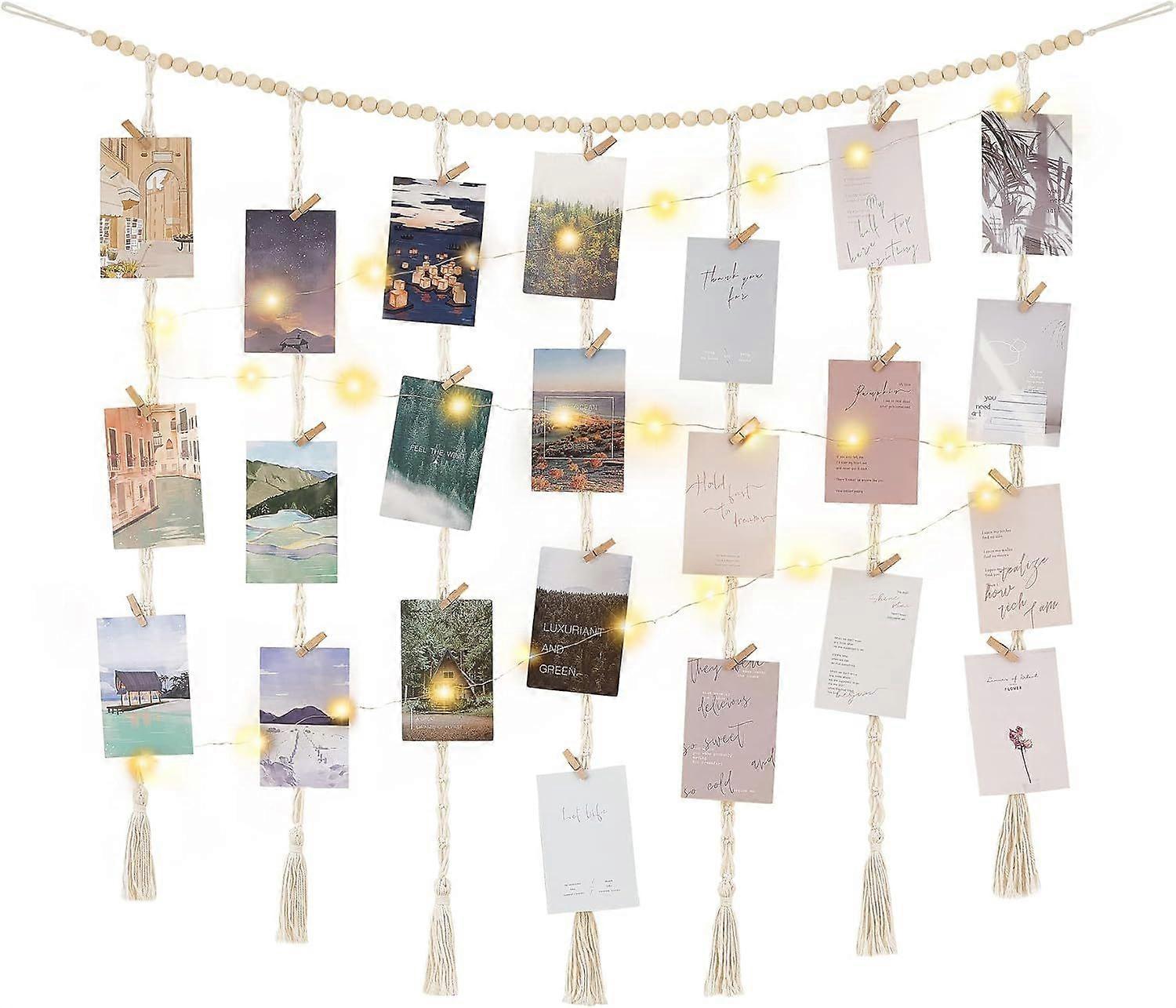[rm] Hängende Wanddekoration Für Fotos Mit Lichterkette, Fotokartenhalter In Form Eines Holzperlenkranzes Mit 45 Clips - Aquaforge