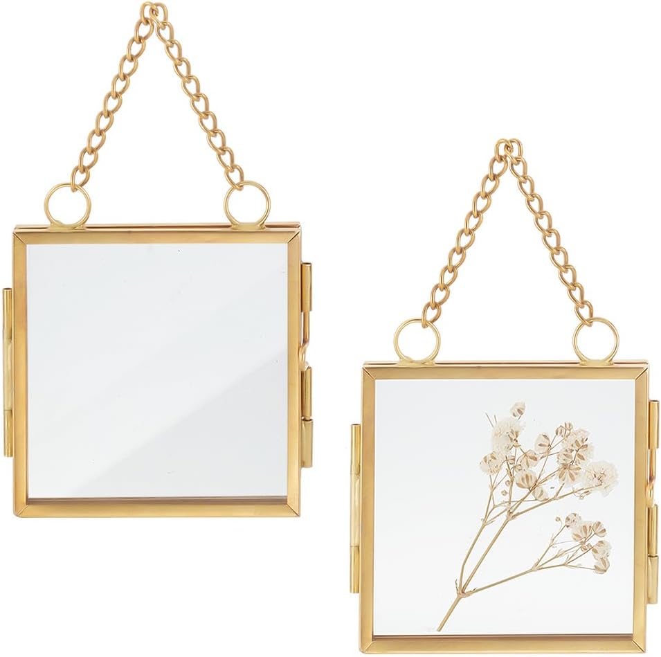 Set Mit 2 Mini-wandbilderrahmen, 6 X 6 Cm, Doppelverglast, Mit Kette, Faltbar, Für Fotos Von Trockenblumen, Wanddekoration. – Aquaforge