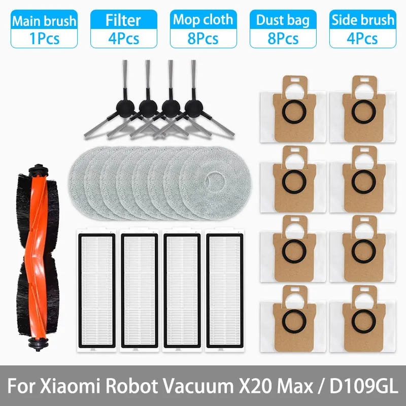 Kompatible Teile Und Zubehör Für Den Xiaomi X20 Max / D109gl Saugroboter: Hauptbürste, Seitenbürste, Hepa-filter, Reinigungstuch, Ersatzstaubbeutel – Aquaforge