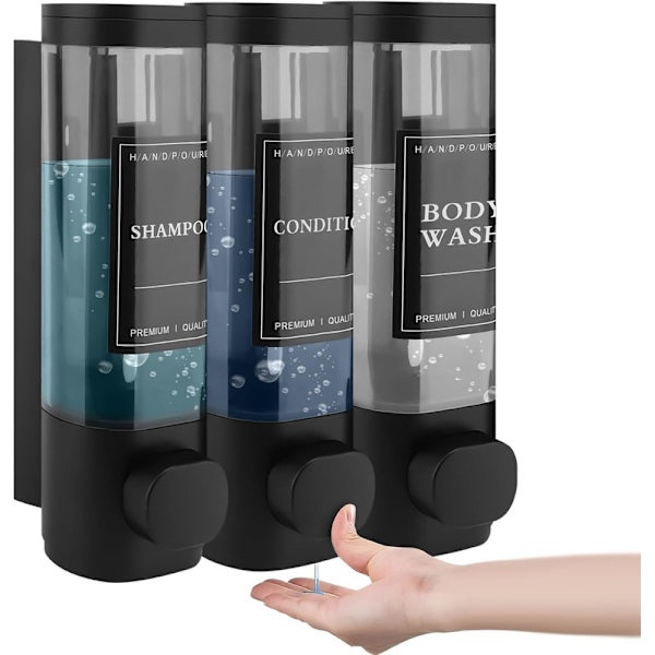 Wandseifenspender – 3-kammer-duschspender (3 X 300 Ml) Für Shampoo Und Seife, Schwarz – Aquaforge