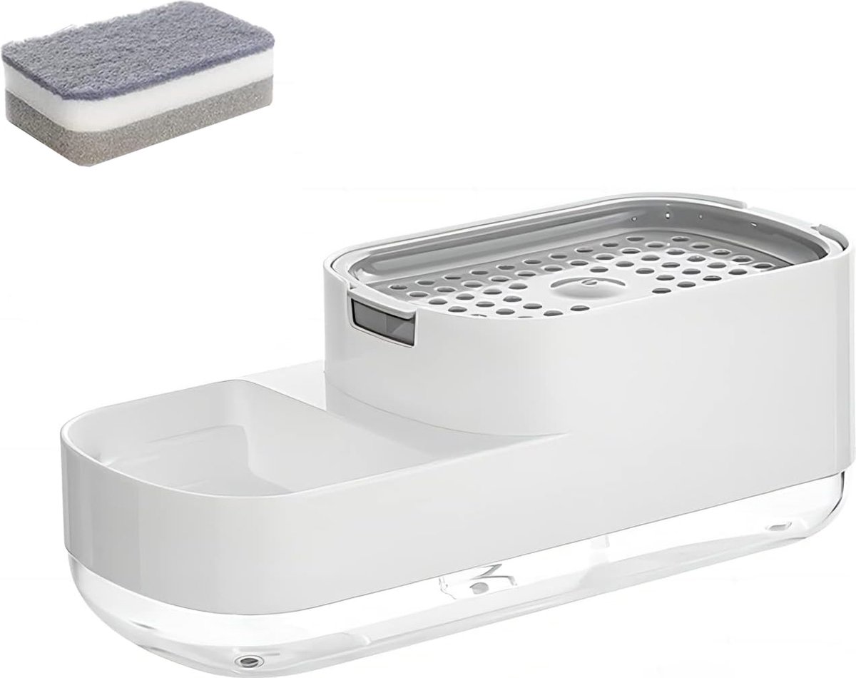 2-in-1-seifenspender: Schwammhalter, Seifenspender, Abtropffläche, Inklusive Schwamm, Freistehend, Druckknopfbedienung, Küchenzubehör, Spülbecken. – Aquaforge