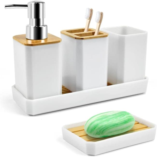 5-teiliges Badezimmer-accessoire-set: Zahnbürstenhalter, Becher, Seifenspender, Seifenschale Und Tablett. – Aquaforge