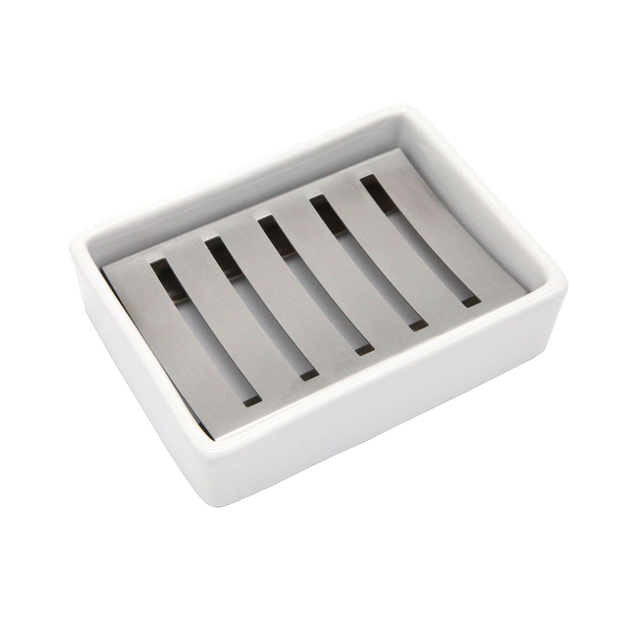 Seifenschale Aus Keramik Und Edelstahl, Seifenhalter Für Bad Und Dusche, Seifenbox Mit Zwei Fächern Und Wasserablaufsystem – Aquaforge