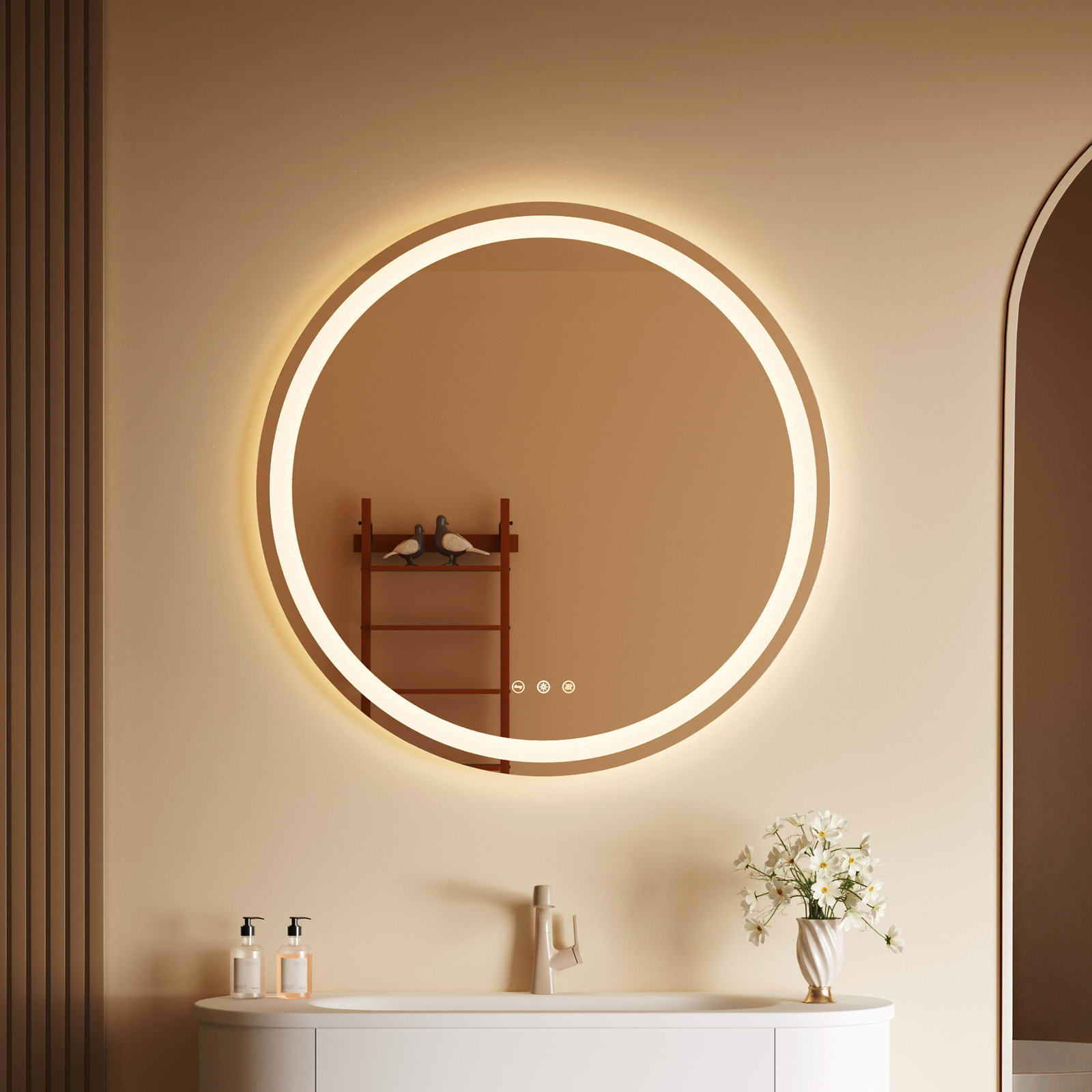 Auralum Max Rund Led Badspiegel Mit Beleuchtung 80 Cm, Badezimmerspiegel Wandspiegel Mit Hinterleuchtet, 3 Lichtfarben, Touch-schalte, Beschlagfrei Ip67