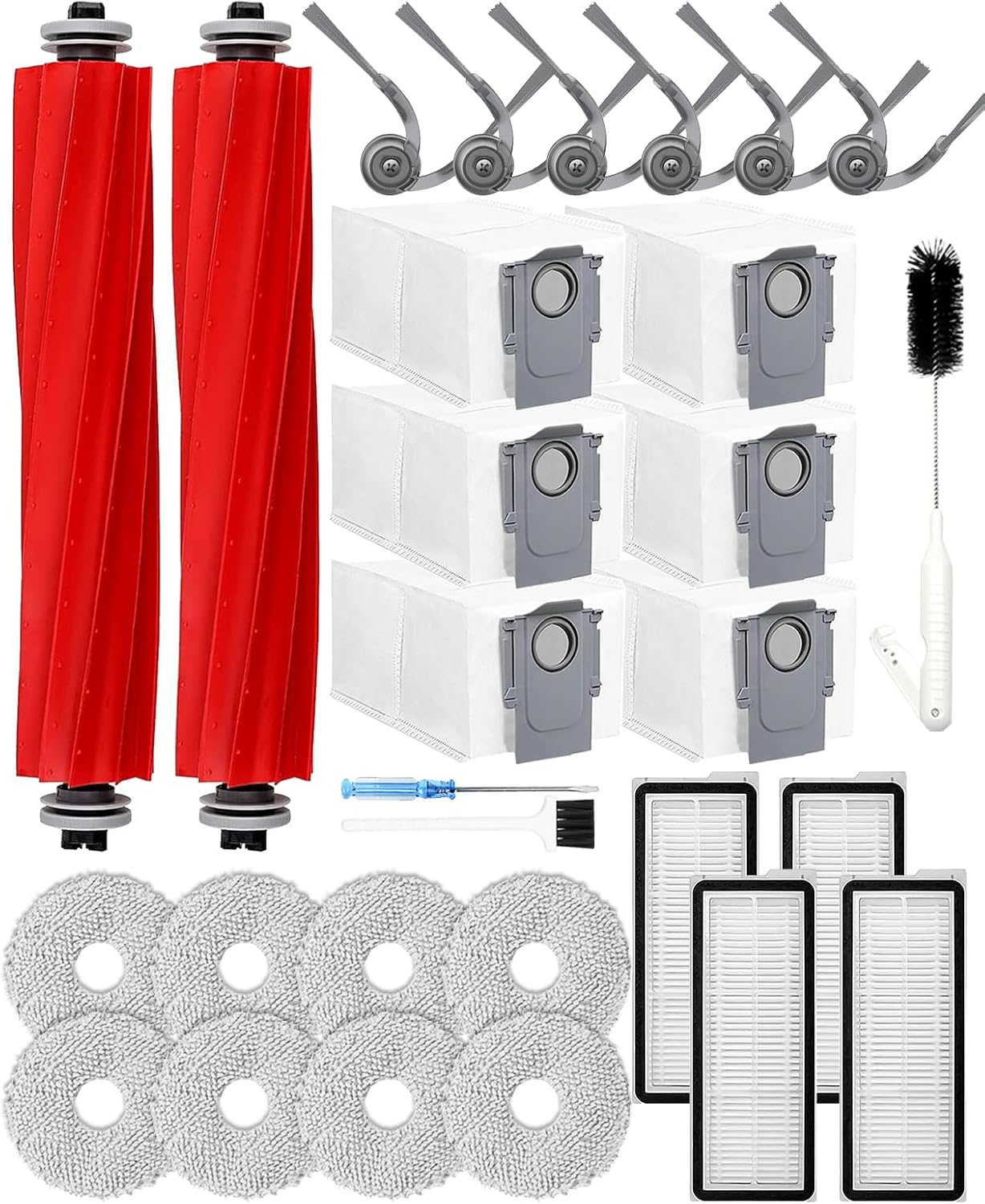 29-teiliges Zubehörset Qv35a Für Die Saugroboter Roborock Qv 35a/qv 35s/qr 598/qr 798. Enthält 2 Hauptbürsten, 6 Staubbeutel, 4 Hepa-filter, 6 Seitenbürsten Und 8 Reinigungspads.