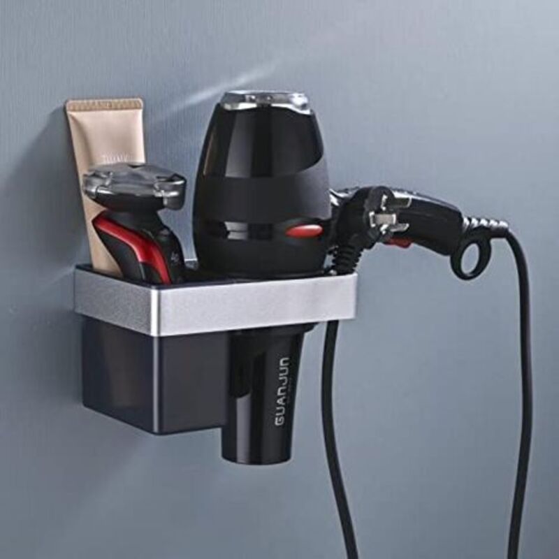 Csparcv Selbstklebender Wand-haartrocknerhalter, Haartrocknerablage Aus Aluminium Mit Abs-aufbewahrung Und Kabelorganisator, Bohrfreie Montage Im Badezimmer, Ablage 15 X 10,5 X 9 Cm, Silber